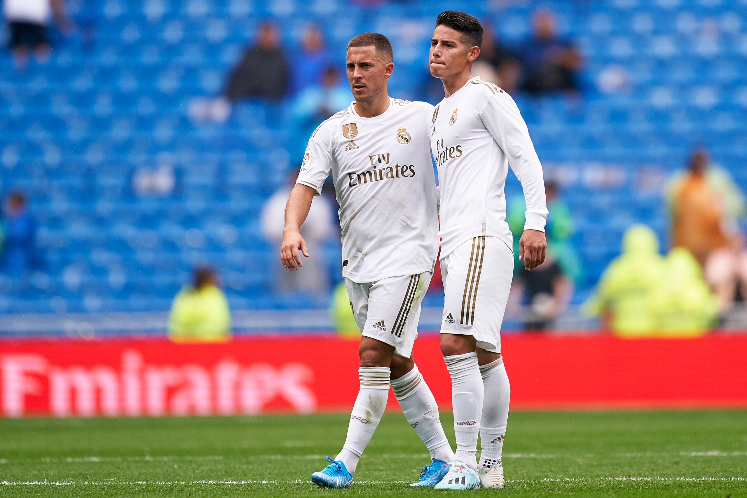 MADRID, SPAIN - SEPTEMBER 14: Eden Hazard of Real Madrid and James Rodriguez of Real Madrid react after the La Liga match between Real Madrid CF and Levante UD at Estadio Santiago Bernabeu on September 14, 2019 in Madrid, Spain. (Photo by Quality Sport Im