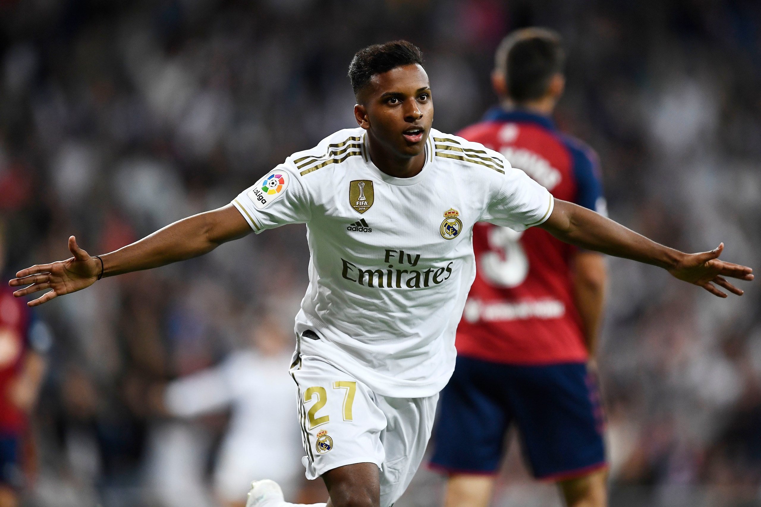 Real Madrid's Brazilian forward Rodrygo celebrates his goal during the Spanish league football match between Real Madrid CF and CA Osasuna at the Santiago Bernabeu stadium in Madrid, on September 25, 2019. (Photo by OSCAR DEL POZO / AFP)        (Photo cre