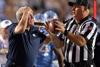 CHAPEL HILL, NORTH CAROLINA - SEPTEMBER 07: Head coach Mack Brown of the North Carolina Tar Heels reacts to a penalty during the second half of their game against the Miami Hurricanes at Kenan Stadium on September 07, 2019 in Chapel Hill, North Carolina. 