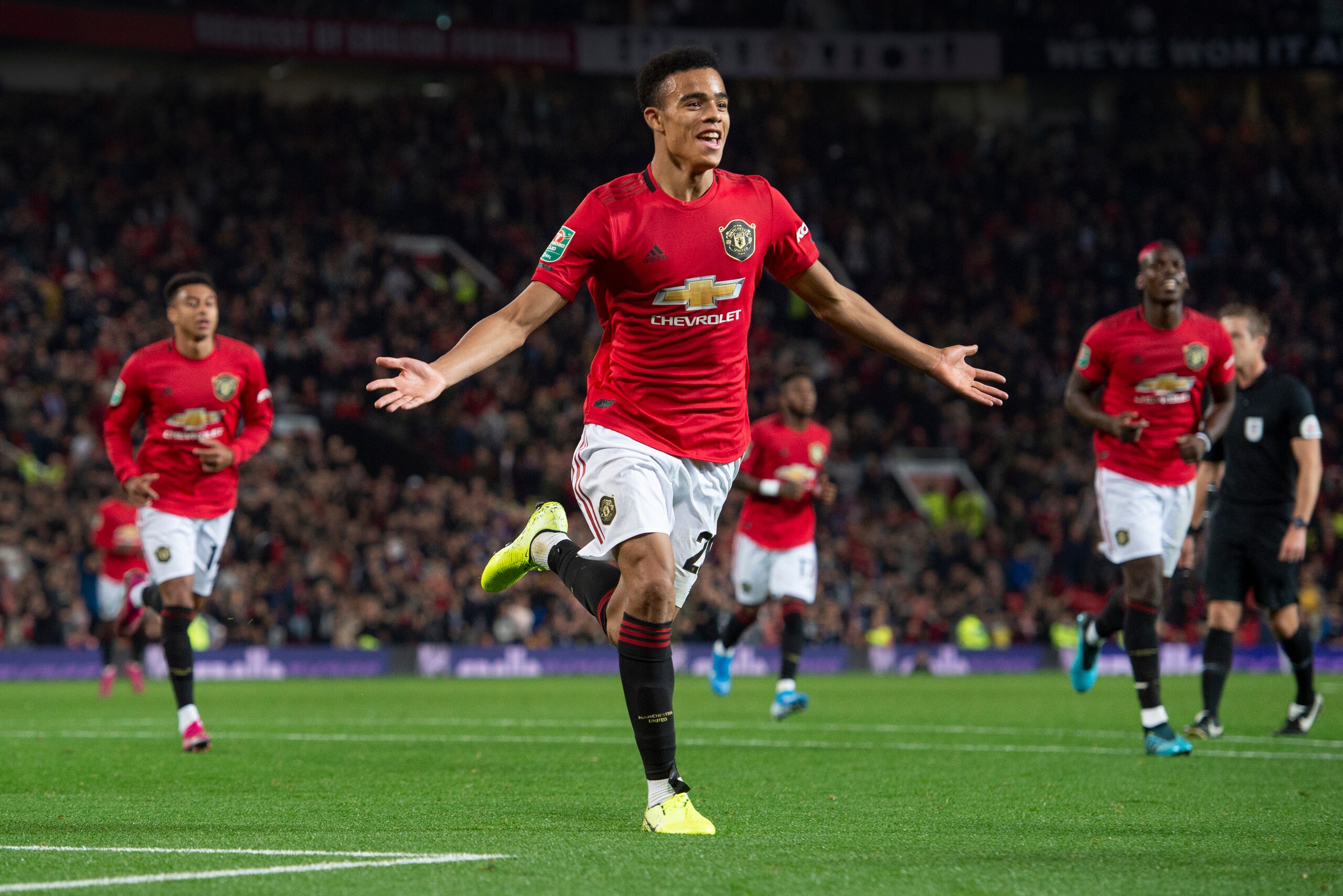 MANCHESTER, ENGLAND - SEPTEMBER 25: Mason Greenwood of Manchester United celebrates scoring during the Carabao Cup Third Round match between Manchester United and Rochdale at Old Trafford on September 25, 2019 in Manchester, England. (Photo by Visionhaus)