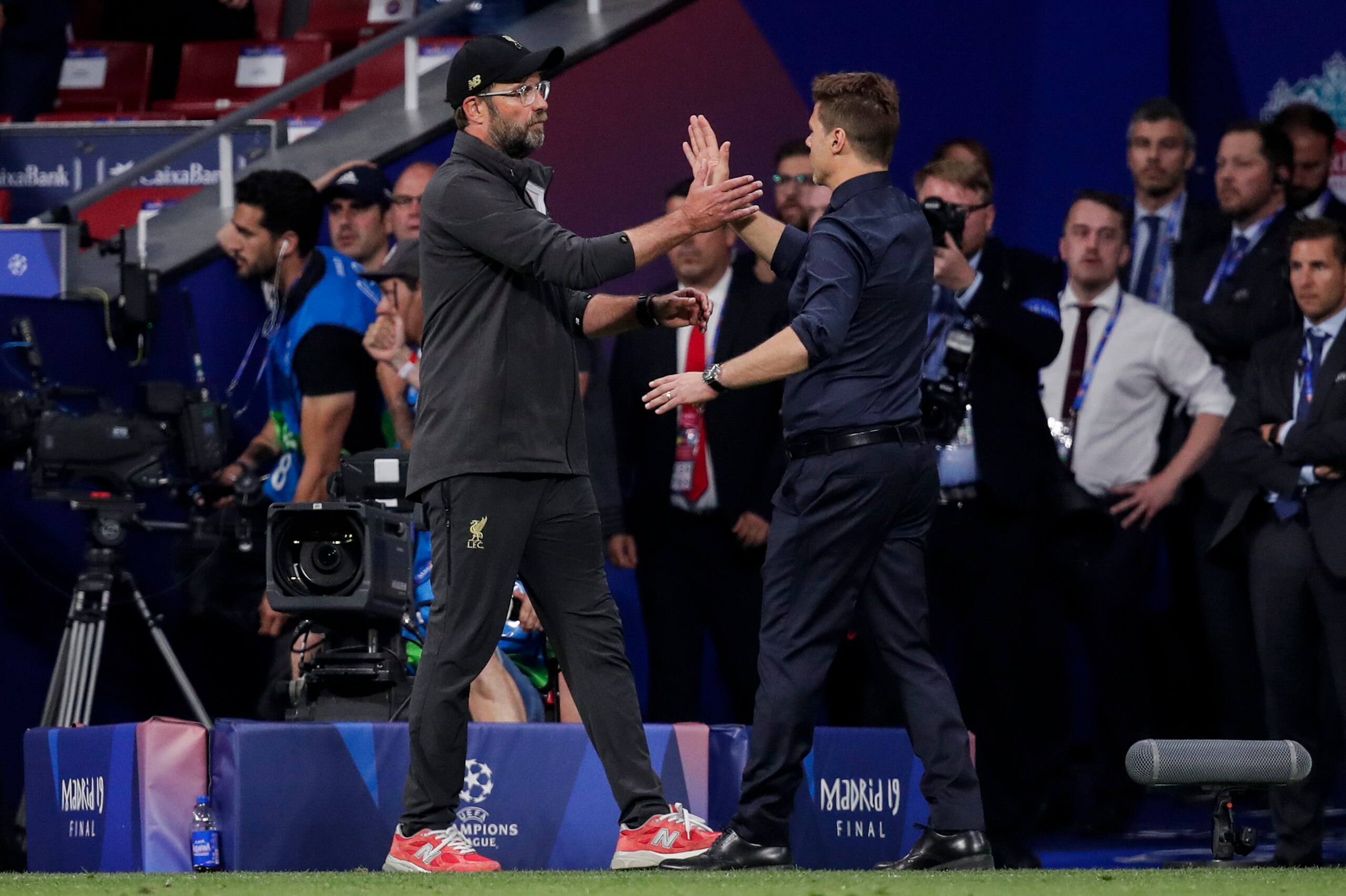 MADRID, SPAIN - JUNE 1: (L-R) coach Jurgen Klopp of Liverpool FC, coach Mauricio Pochettino of Tottenham Hotspur during the UEFA Champions League match between Tottenham Hotspur v Liverpool at the Wanda Metropolitano on June 1, 2019 in Madrid Spain (Phot MADRID, SPAIN - JUNE 1: (L-R) coach Jurgen Klopp of Liverpool FC, coach Mauricio Pochettino of Tottenham Hotspur during the UEFA Champions League match between Tottenham Hotspur v Liverpool at the Wanda Metropolitano on June 1, 2019 in Madrid Spain (Phot
