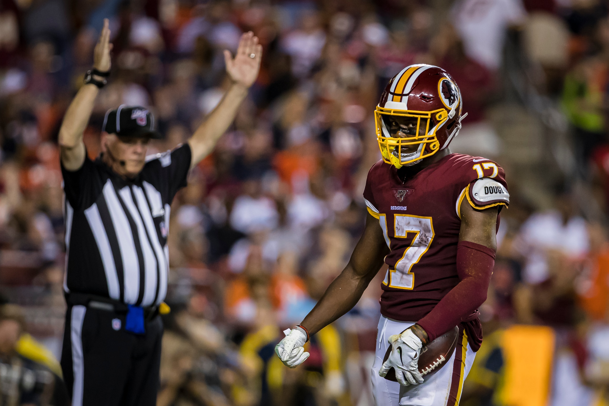 LANDOVER, MD - SEPTEMBER 23: Terry McLaurin #17 of the Washington Redskins scores a touchdown against the Chicago Bears during the second half at FedExField on September 23, 2019 in Landover, Maryland. (Photo by Scott Taetsch/Getty Images)