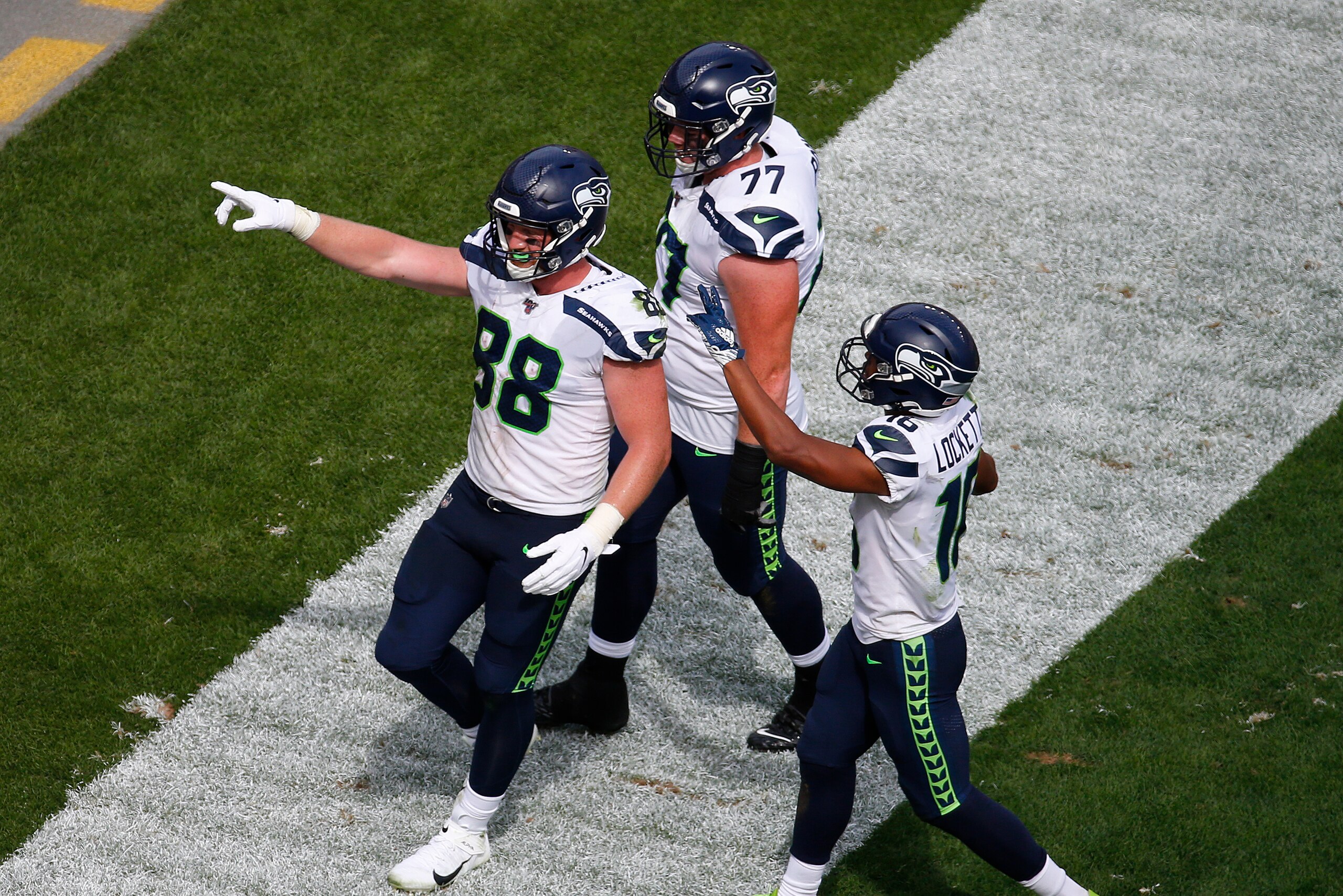 PITTSBURGH, PA - SEPTEMBER 15:  Will Dissly #88 of the Seattle Seahawks celebrates after scoring on a 12-yard pass in the third quarter against the Pittsburgh Steelers on September 15, 2019 at Heinz Field in Pittsburgh, Pennsylvania.  (Photo by Justin K. 