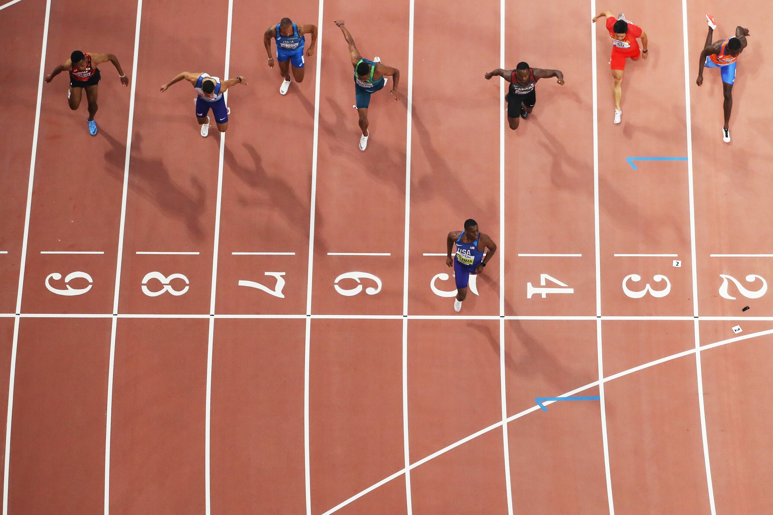 DOHA, QATAR - SEPTEMBER 28: Christian Coleman of the United States finishes first in the Men's 100 metres Heat 1 semi finals during day two of 17th IAAF World Athletics Championships Doha 2019 at Khalifa International Stadium on September 28, 2019 in Doha