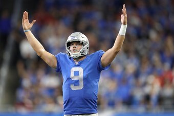 DETROIT, MI - SEPTEMBER 29: Matthew Stafford #9 of the Detroit Lions celebrates a late fourth quarter touchdown during the game against the Kansas City Chiefs at Ford Field on September 29, 2019 in Detroit, Michigan (Photo by Leon Halip/Getty Images)