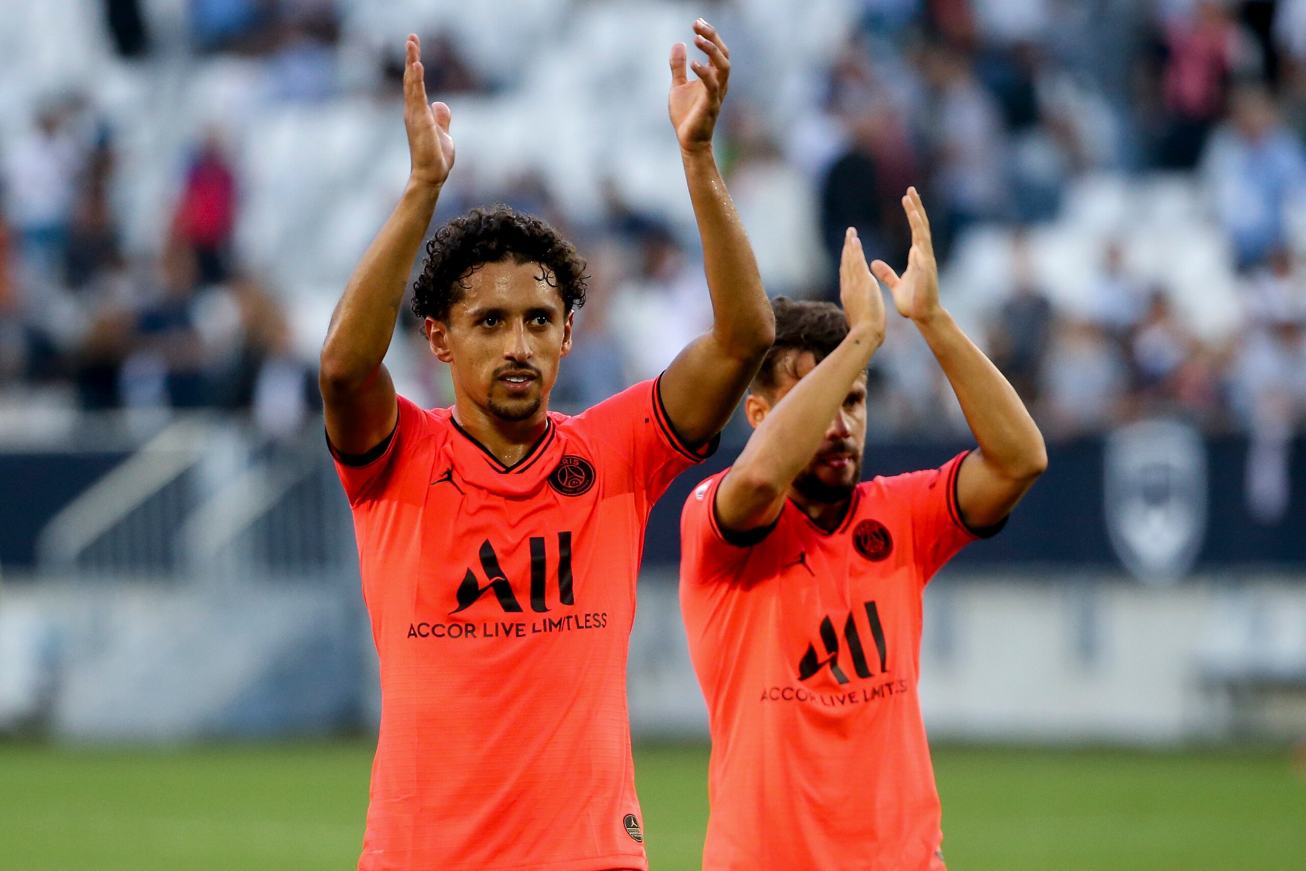BORDEAUX, FRANCE - SEPTEMBER 28: Marquinhos, Juan Bernat of PSG celebrate the victory following the Ligue 1 match between FC Girondins de Bordeaux and Paris Saint-Germain (PSG) at Stade Matmut Atlantique on September 28, 2019 in Bordeaux, France. (Photo b
