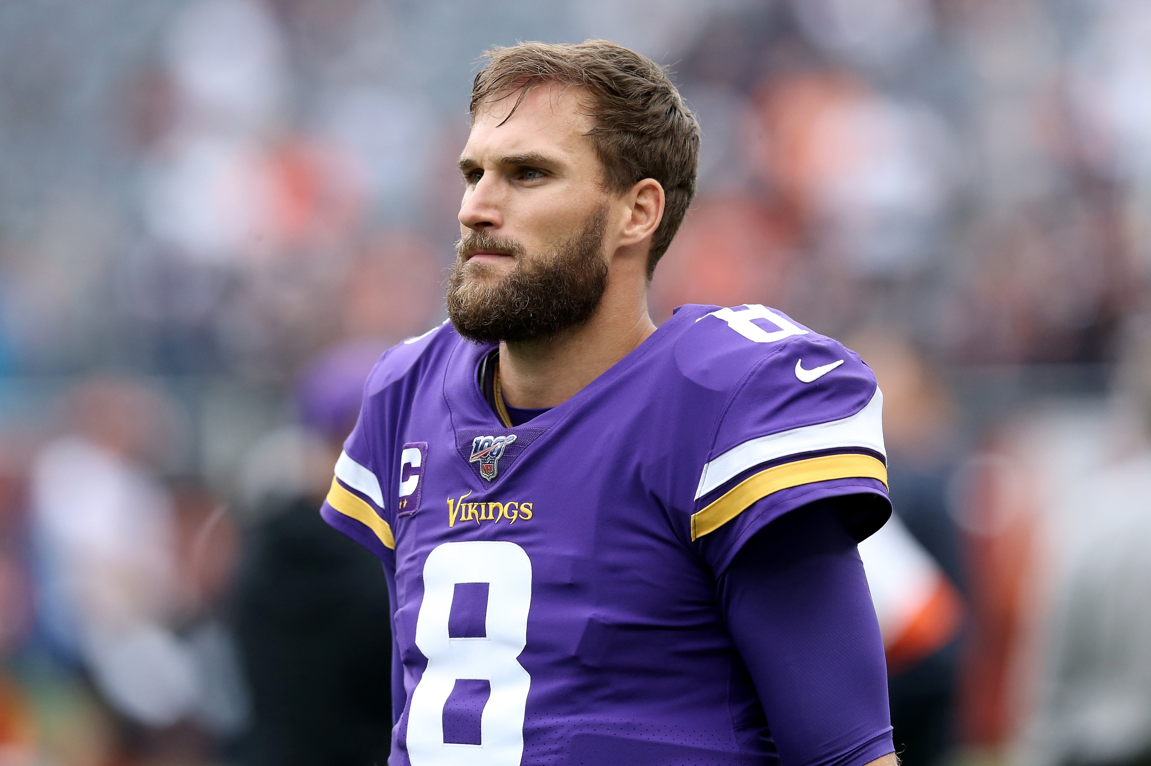 CHICAGO, ILLINOIS - SEPTEMBER 29: Kirk Cousins #8 of the Minnesota Vikings warms up before the game against the Chicago Bears at Soldier Field on September 29, 2019 in Chicago, Illinois. (Photo by Dylan Buell/Getty Images) CHICAGO, ILLINOIS - SEPTEMBER 29: Kirk Cousins #8 of the Minnesota Vikings warms up before the game against the Chicago Bears at Soldier Field on September 29, 2019 in Chicago, Illinois. (Photo by Dylan Buell/Getty Images)