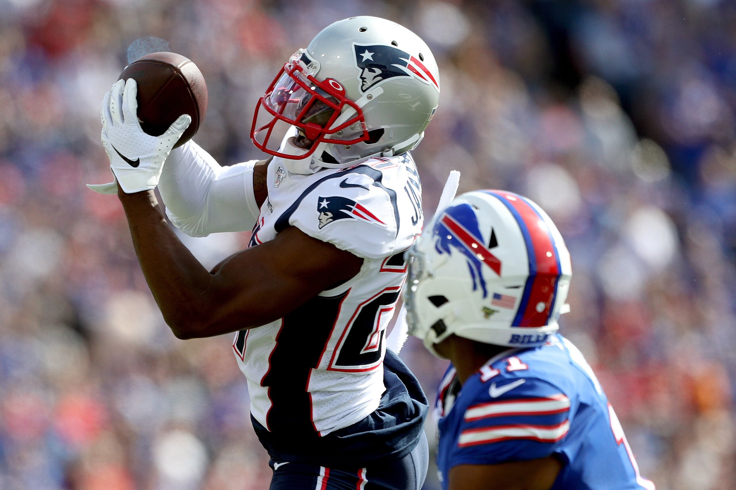 ORCHARD PARK, NEW YORK - SEPTEMBER 29: J.C. Jackson #27 of the New England Patriots intercepts a pass from Josh Allen #17 of the Buffalo Bills during the first quarter at New Era Field on September 29, 2019 in Orchard Park, New York. (Photo by Bryan M. Be ORCHARD PARK, NEW YORK - SEPTEMBER 29: J.C. Jackson #27 of the New England Patriots intercepts a pass from Josh Allen #17 of the Buffalo Bills during the first quarter at New Era Field on September 29, 2019 in Orchard Park, New York. (Photo by Bryan M. Be