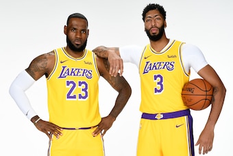 EL SEGUNDO, CA - SEPTEMBER 27: LeBron James #23 and Anthony Davis #3 of the Los Angeles Lakers pose for a portrait during media day on September 27, 2019 at the UCLA Health Training Center in El Segundo, California. NOTE TO USER: User expressly acknowledg