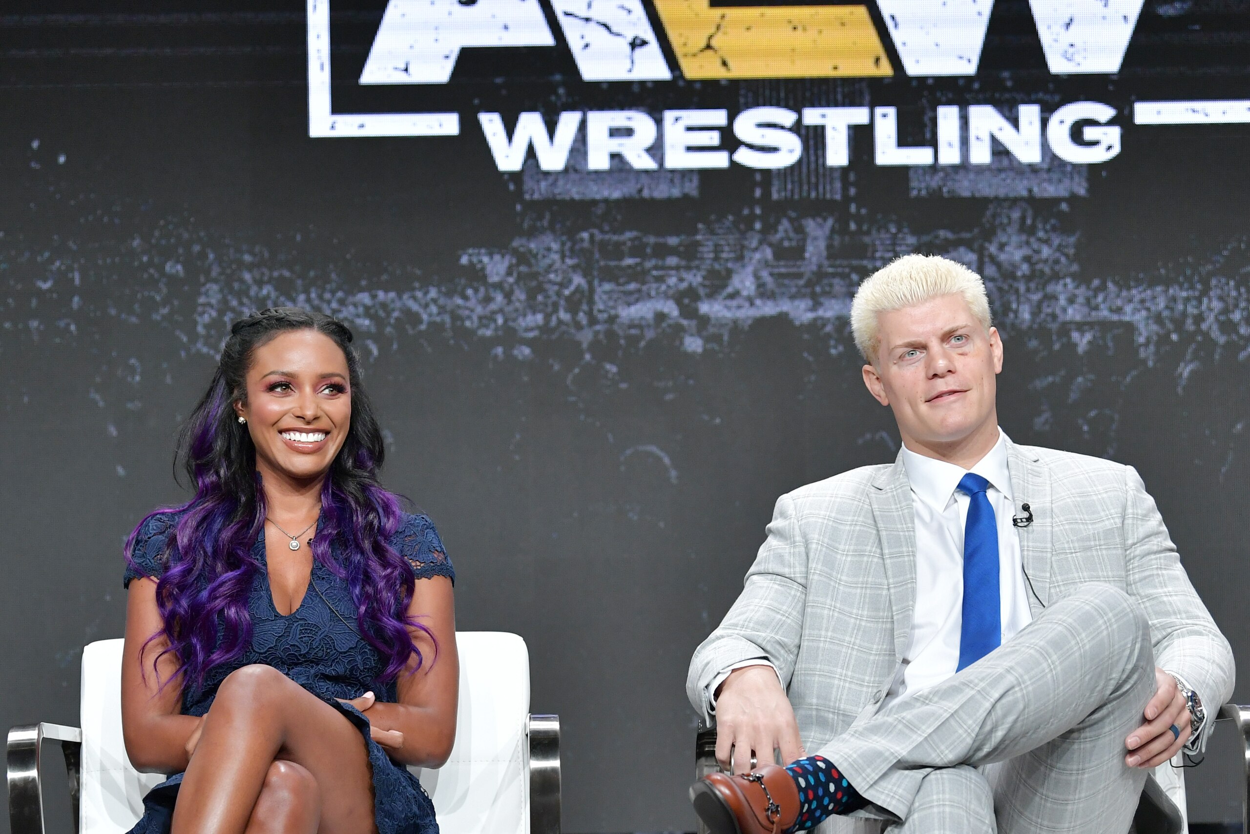 BEVERLY HILLS, CALIFORNIA - JULY 24: Awesome Kong, Brandi Rhodes, and Cody Rhodes of BEVERLY HILLS, CALIFORNIA - JULY 24: Awesome Kong, Brandi Rhodes, and Cody Rhodes of