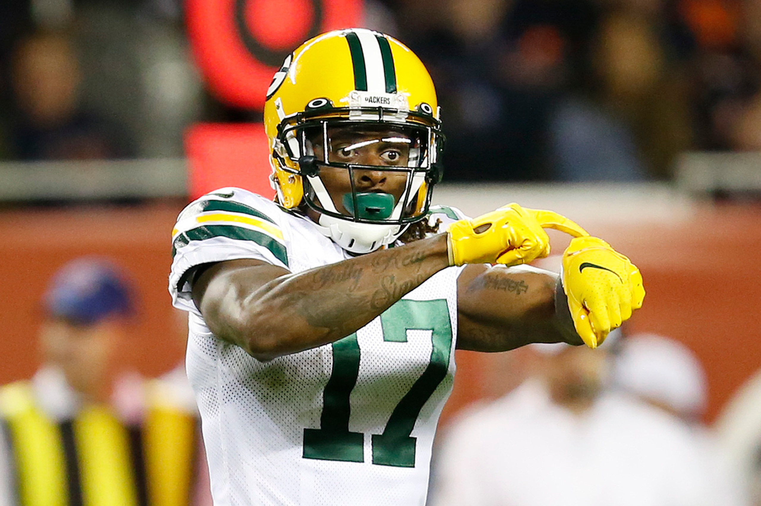 CHICAGO, ILLINOIS - SEPTEMBER 05: Davante Adams #17 of the Green Bay Packers gestures  during the game against the Chicago Bears at Soldier Field on September 05, 2019 in Chicago, Illinois. (Photo by Nuccio DiNuzzo/Getty Images)