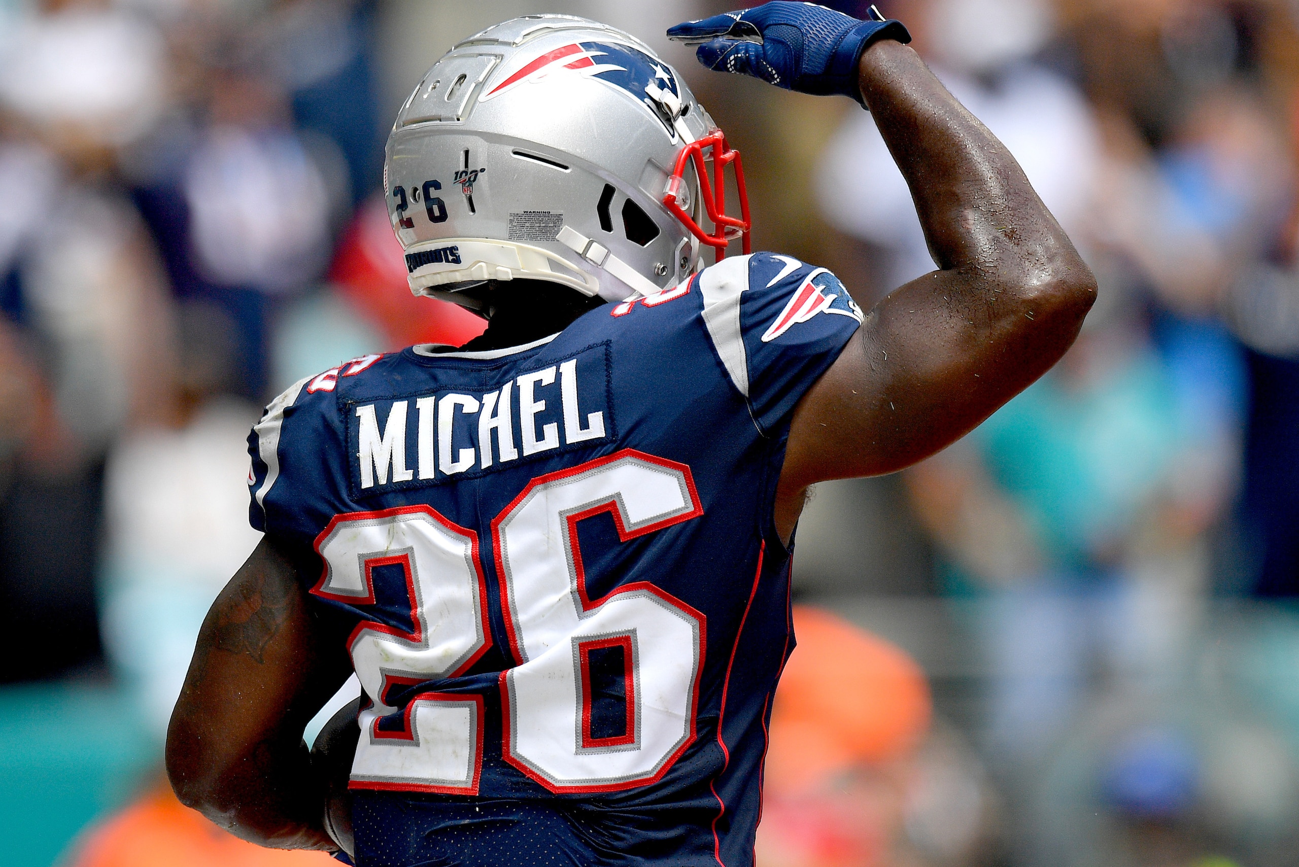 MIAMI, FLORIDA - SEPTEMBER 15: Sony Michel #26 of the New England Patriots in action against the Miami Dolphins at Hard Rock Stadium on September 15, 2019 in Miami, Florida. (Photo by Mark Brown/Getty Images)