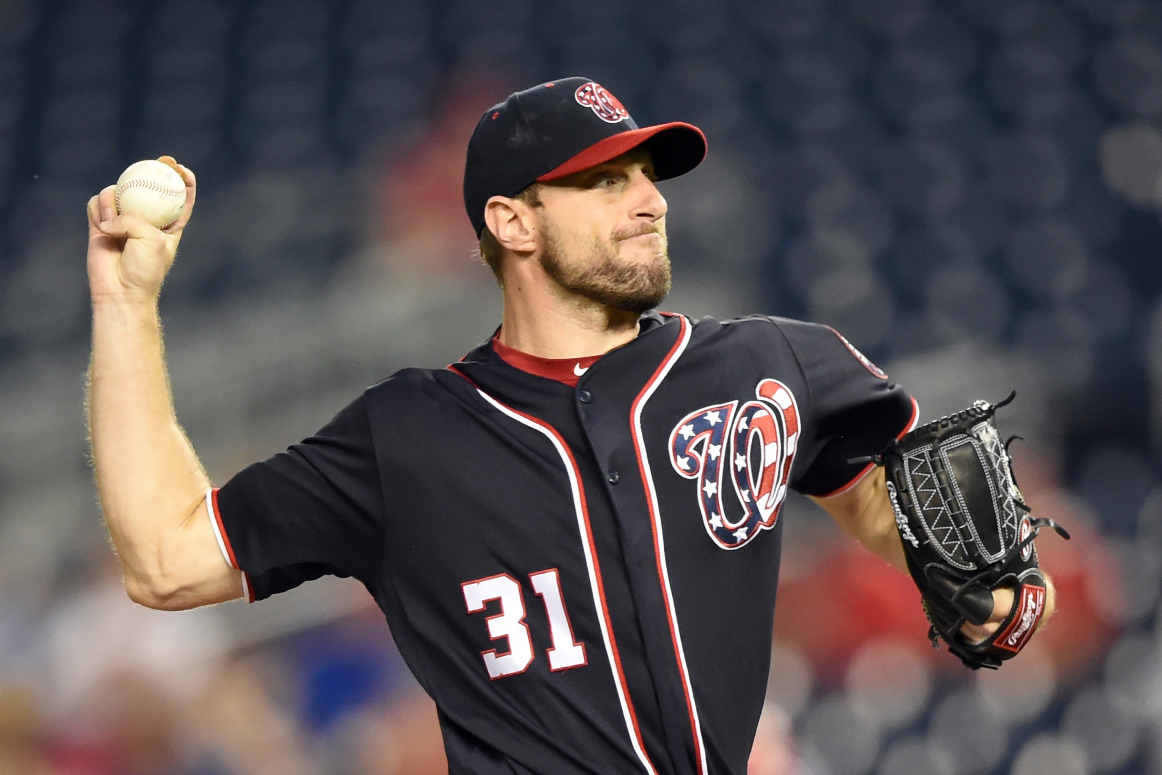 WASHINGTON, DC - SEPTEMBER 24: Max Scherzer #31 of the Washington Nationals pitches in the first inning during game two of a doubleheader baseball game against the Philadelphia Phillies at Nationals Park on September 24, 2019 in Washington, DC. (Photo b WASHINGTON, DC - SEPTEMBER 24: Max Scherzer #31 of the Washington Nationals pitches in the first inning during game two of a doubleheader baseball game against the Philadelphia Phillies at Nationals Park on September 24, 2019 in Washington, DC. (Photo b