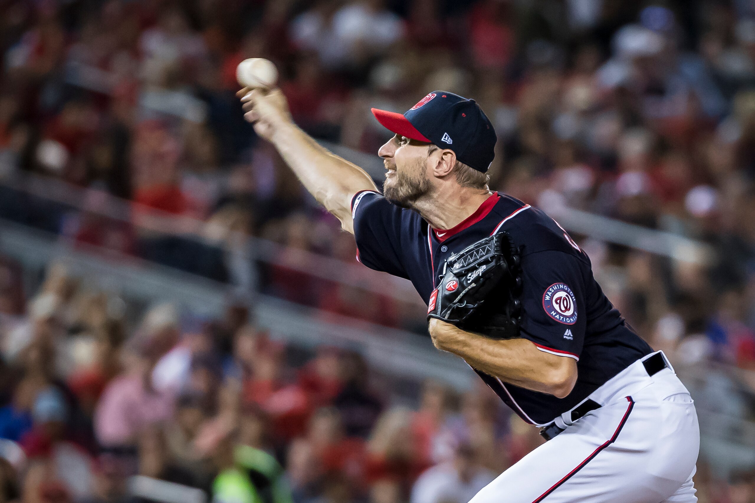 WASHINGTON, DC - SEPTEMBER 13: Max Scherzer #31 of the Washington Nationals pitches against the Atlanta Braves during the fifth inning at Nationals Park on September 13, 2019 in Washington, DC. (Photo by Scott Taetsch/Getty Images)