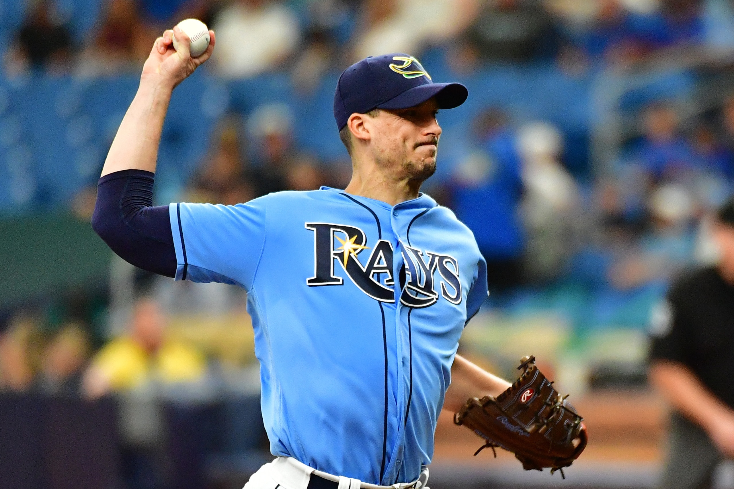 ST PETERSBURG, FLORIDA - SEPTEMBER 01: Charlie Morton #50 of the Tampa Bay Rays pitches against the Cleveland Indians in the second inning of a baseball game at Tropicana Field on September 01, 2019 in St Petersburg, Florida. (Photo by Julio Aguilar/Getty