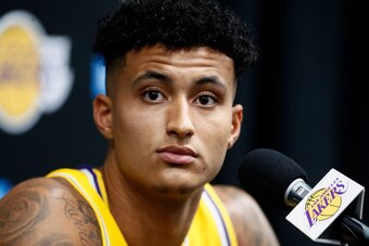 EL SEGUNDO, CA - SEPTEMBER 27: Kyle Kuzma #0 of the Los Angeles Lakers speaks to the media during media day on September 27, 2019 at the UCLA Health Training Center in El Segundo, California. NOTE TO USER: User expressly acknowledges and agrees that, by d