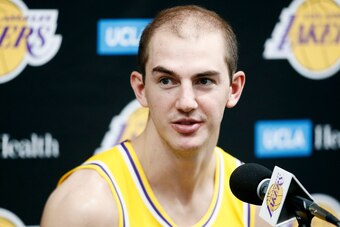 EL SEGUNDO, CA - SEPTEMBER 27: Alex Caruso #4 of the Los Angeles Lakers speaks to the media during media day on September 27, 2019 at the UCLA Health Training Center in El Segundo, California. NOTE TO USER: User expressly acknowledges and agrees that, by 