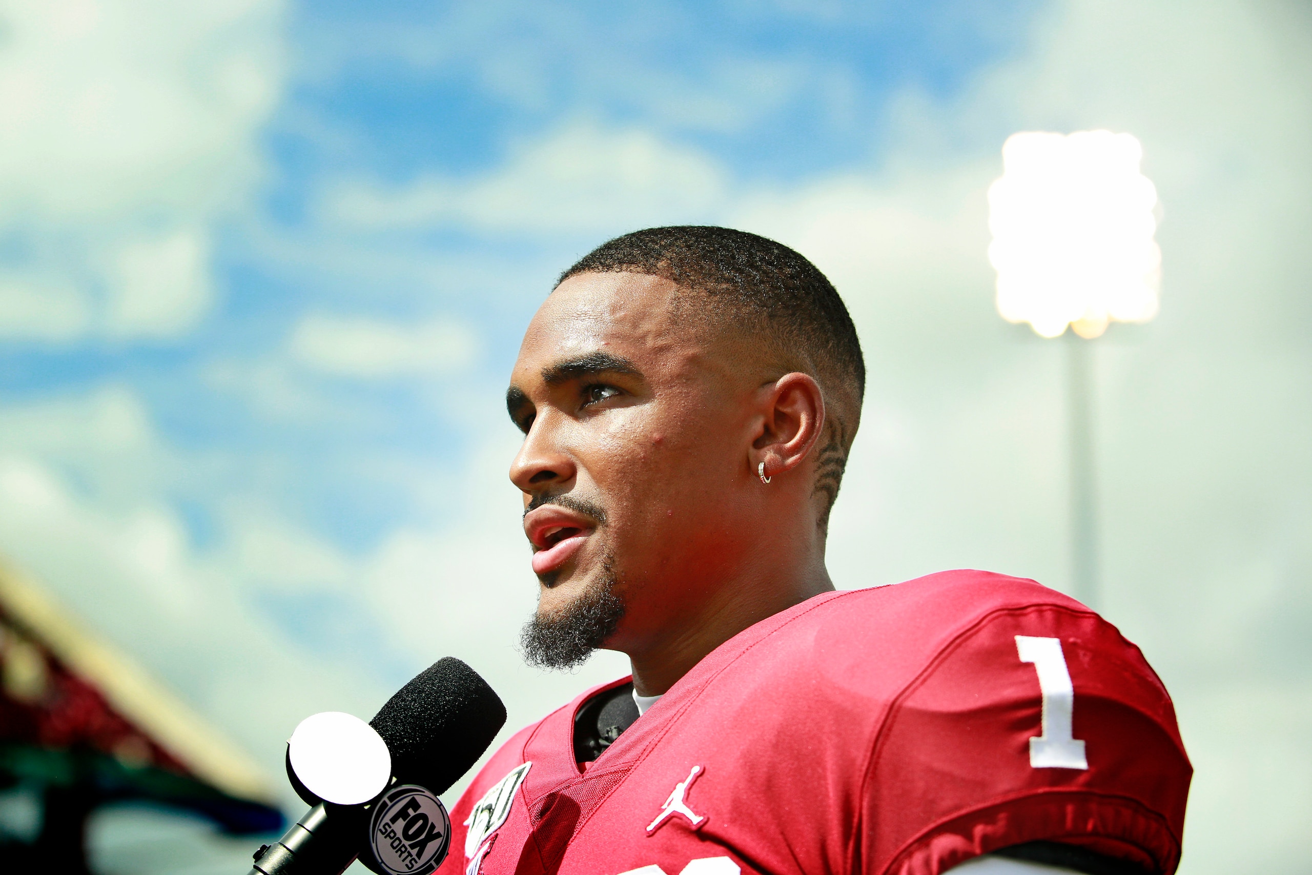 NORMAN, OK - SEPTEMBER 28:  Quarterback Jalen Hurts #1 of the Oklahoma Sooners speaks to the media after the game against the Texas Tech Red Raiders at Gaylord Family Oklahoma Memorial Stadium on September 28, 2019 in Norman, Oklahoma. The Sooners defeate