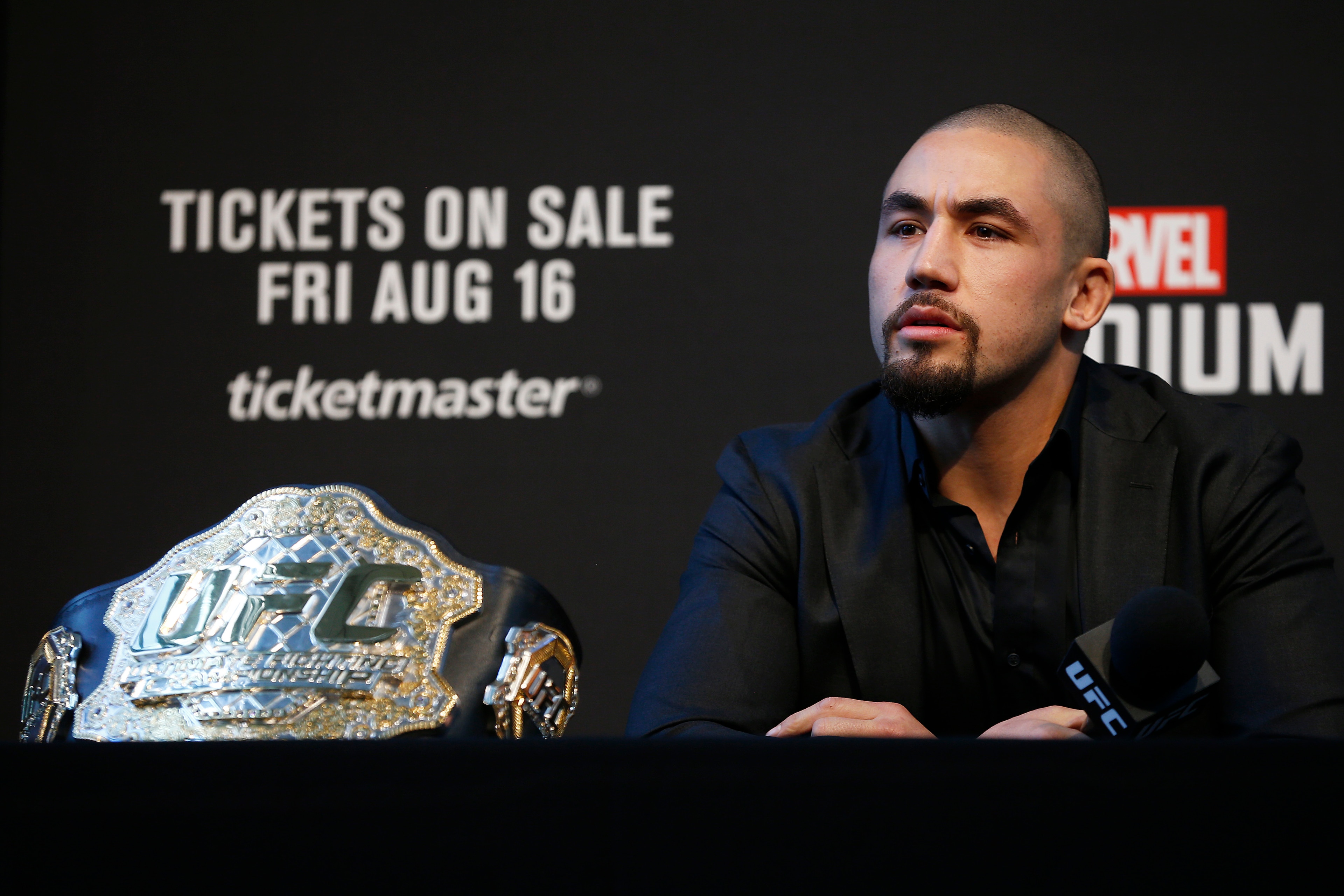 MELBOURNE, AUSTRALIA - AUGUST 15: Robert Whittaker speaks during a UFC Australia press conference at Federation Square on August 15, 2019 in Melbourne, Australia. (Photo by Daniel Pockett/Zuffa LLC/Zuffa LLC via Getty Images)