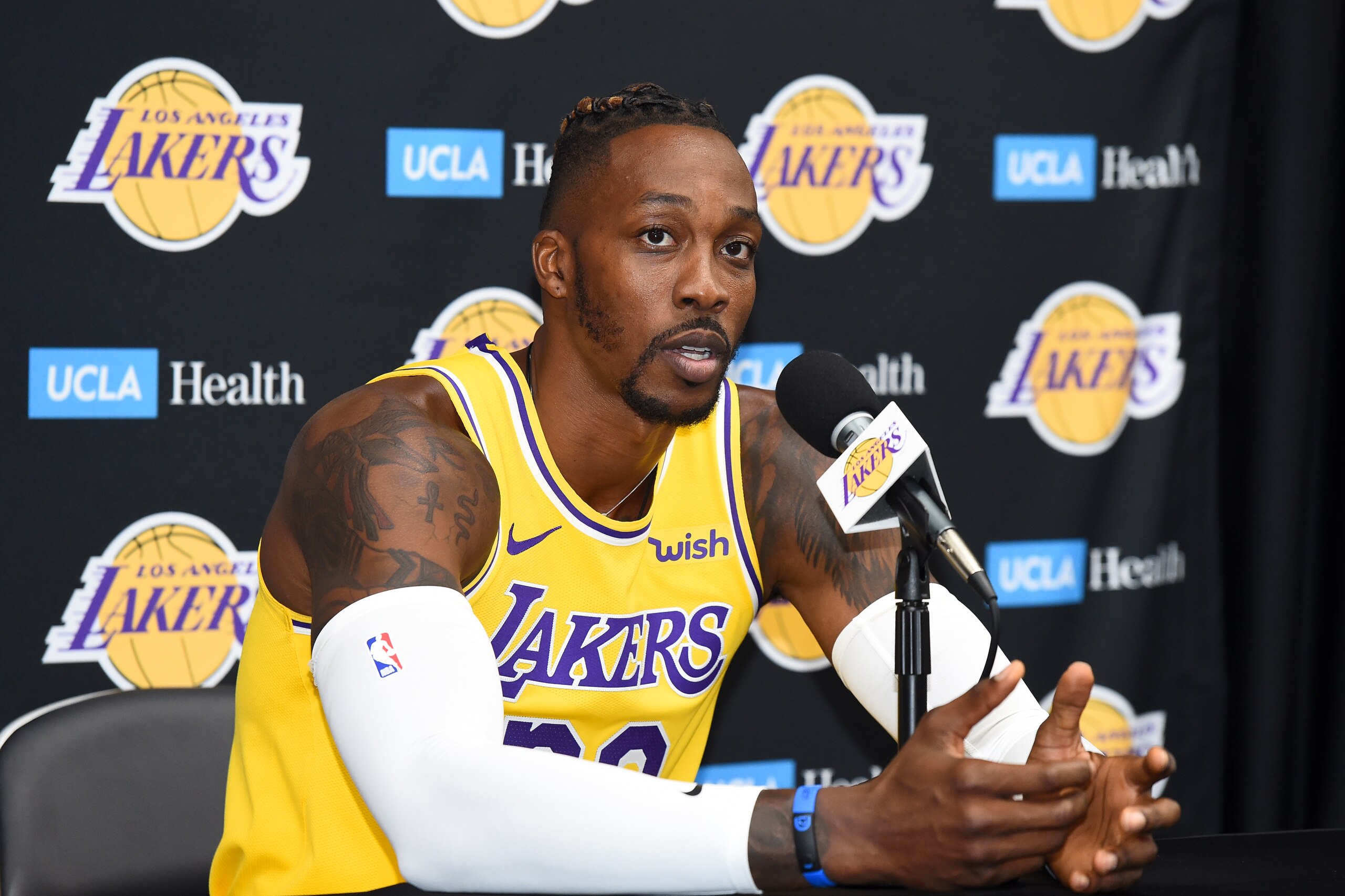 EL SEGUNDO, CA - SEPTEMBER 27: Dwight Howard #39 of the Los Angeles Lakers speaks to the media during media day on September 27, 2019 at the UCLA Health Training Center in El Segundo, California. NOTE TO USER: User expressly acknowledges and agrees that, EL SEGUNDO, CA - SEPTEMBER 27: Dwight Howard #39 of the Los Angeles Lakers speaks to the media during media day on September 27, 2019 at the UCLA Health Training Center in El Segundo, California. NOTE TO USER: User expressly acknowledges and agrees that,