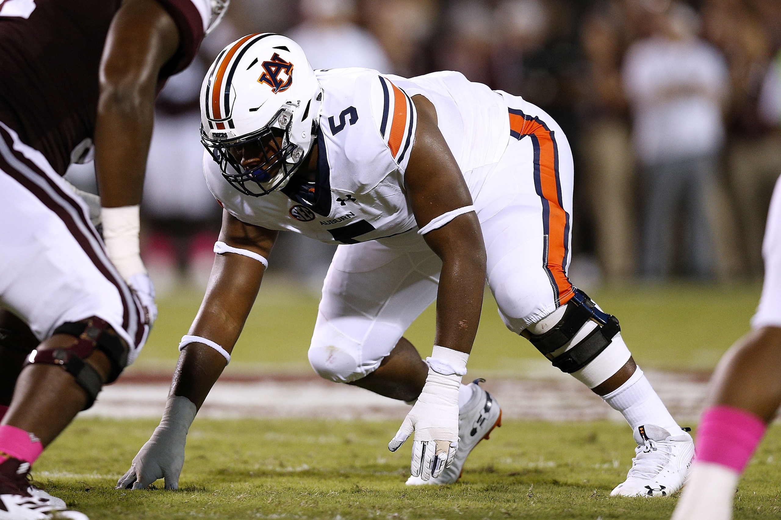 STARKVILLE, MS - OCTOBER 06: Derrick Brown #5 of the Auburn Tigers defends during a game against the Mississippi State Bulldogs at Davis Wade Stadium on October 6, 2018 in Starkville, Mississippi.  (Photo by Jonathan Bachman/Getty Images)