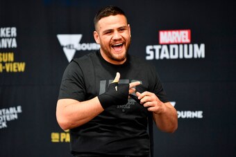 MELBOURNE, AUSTRALIA - OCTOBER 03:  Tai Tuivasa of Australia holds an open training session for fans and media during UFC 243 open workouts at Federation Square on October 3, 2019 in Melbourne, Australia. (Photo by Jeff Bottari/Zuffa LLC/Zuffa LLC via Get