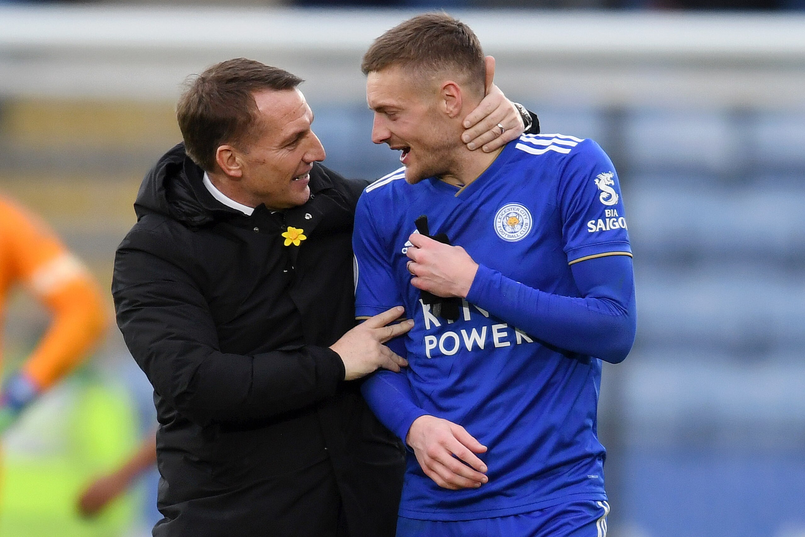 LEICESTER, ENGLAND - MARCH 09: Brendan Rodgers, Manager of Leicester City congratulates Jamie Vardy of Leicester City following the Premier League match between Leicester City and Fulham FC at The King Power Stadium on March 09, 2019 in Leicester, United 