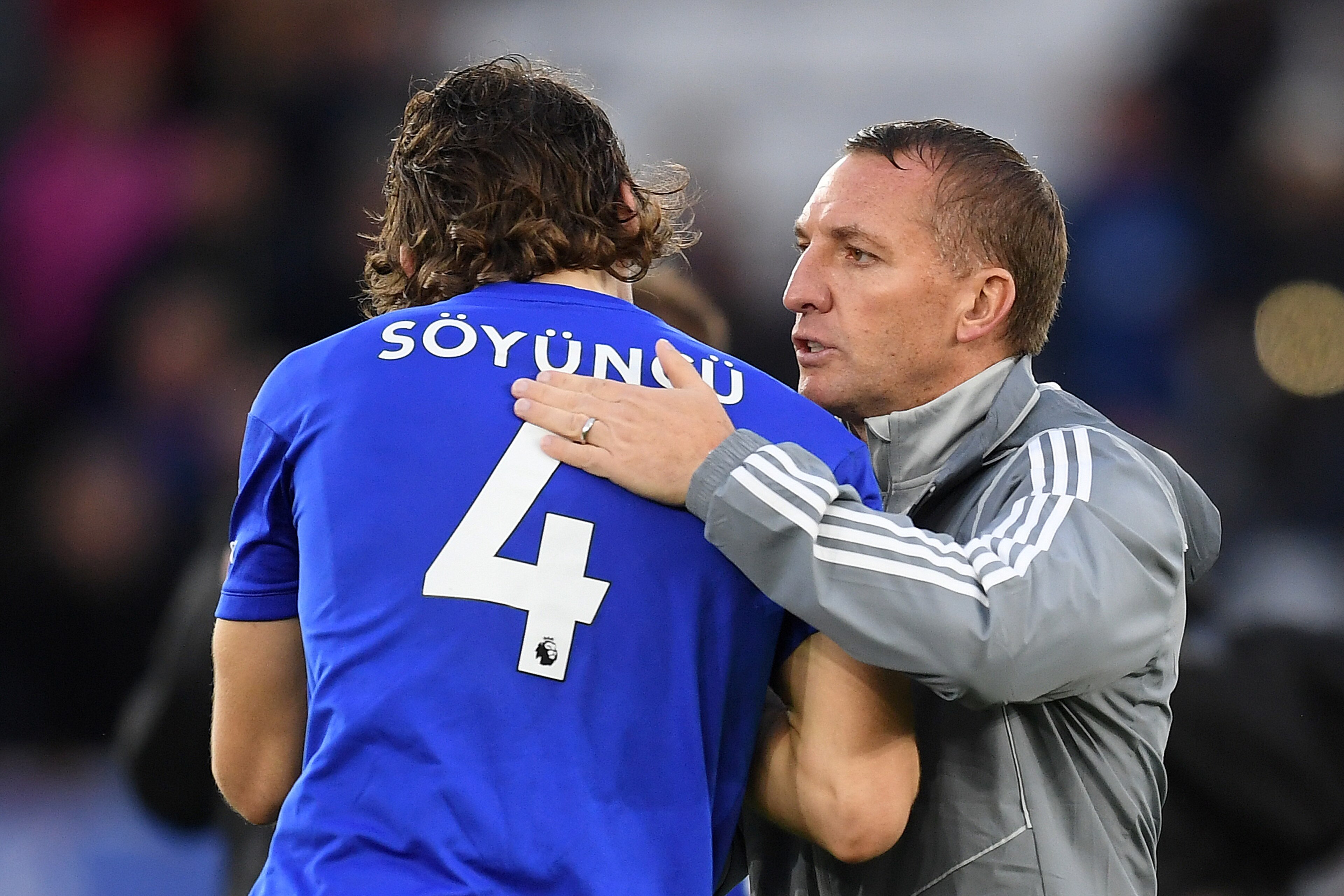 LEICESTER, ENGLAND - SEPTEMBER 29: Caglar Soyuncu of Leicester City shakes hands with Brendan Rodgers, Manager of Leicester City  during the Premier League match between Leicester City and Newcastle United at The King Power Stadium on September 29, 2019 i