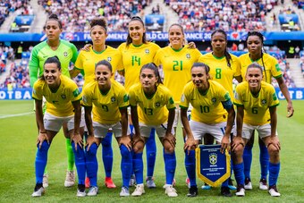 LE HAVRE, FRANCE - JUNE 23: (L-R) Brazil Squad poses for photos with Goalkeeper Barbara Barbosa, Cristiane Silva, Kathellen Sousa, Monica Alves, Miraildes Mota, Formiga, Ludmila Silva, Thaisa Moreno, Debora de Oliveira, Debinha, Leticia Santos, Marta Silv