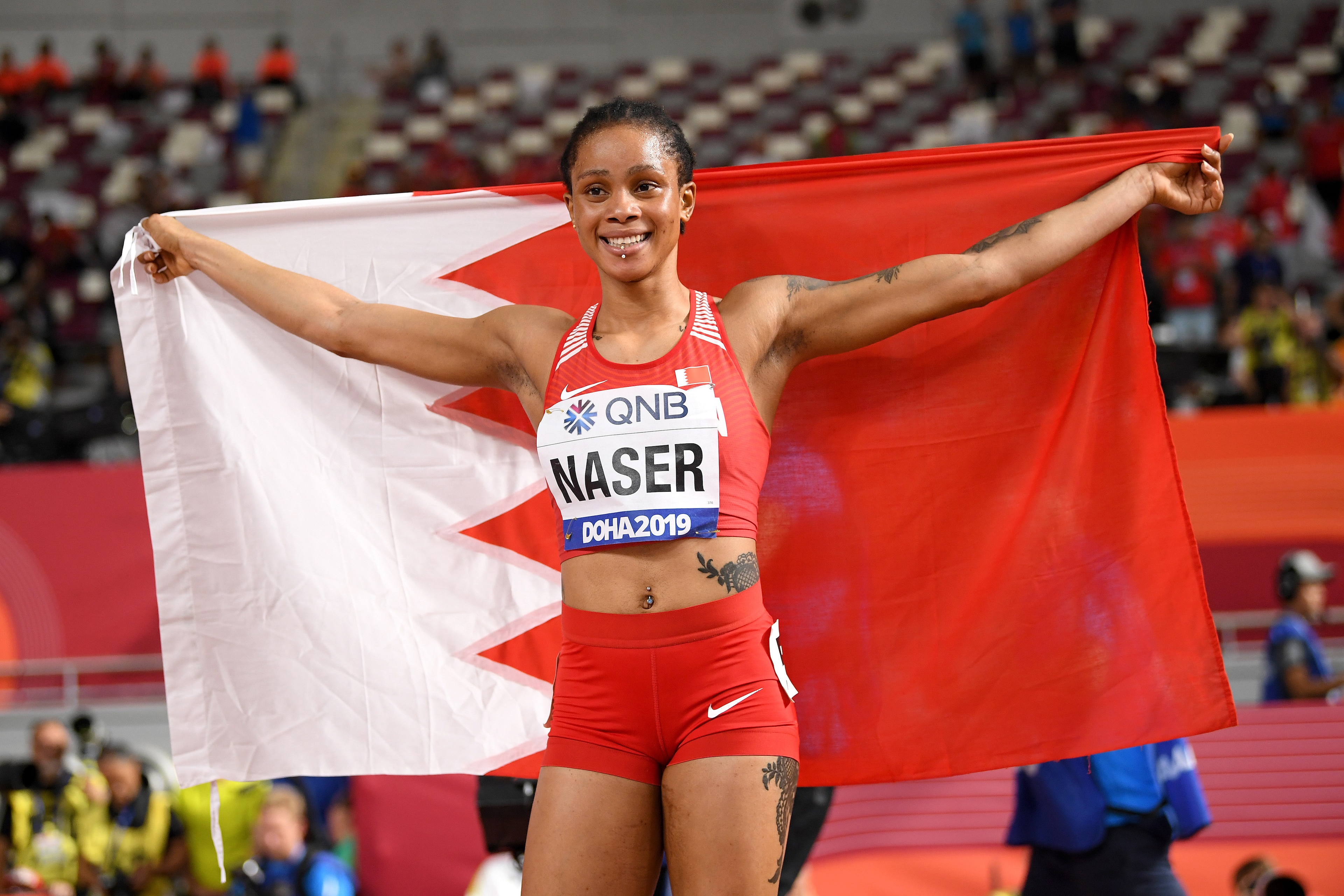 DOHA, QATAR - OCTOBER 03: Salwa Eid Naser of Bahrain celebrates winning the Women's 400 Metres final during day seven of 17th IAAF World Athletics Championships Doha 2019 at Khalifa International Stadium on October 03, 2019 in Doha, Qatar. (Photo by Matth