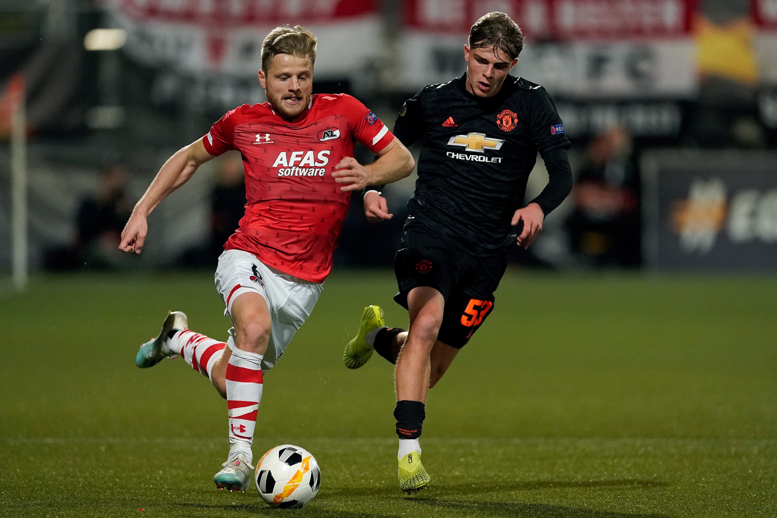 DEN HAAG, NETHERLANDS - OCTOBER 3: Fredrik Midtsjo of AZ Alkmaar, Brandon Williams of Manchester United  during the UEFA Europa League   match between AZ Alkmaar v Manchester United at the Cars Jeans Stadium on October 3, 2019 in Den Haag Netherlands (Pho