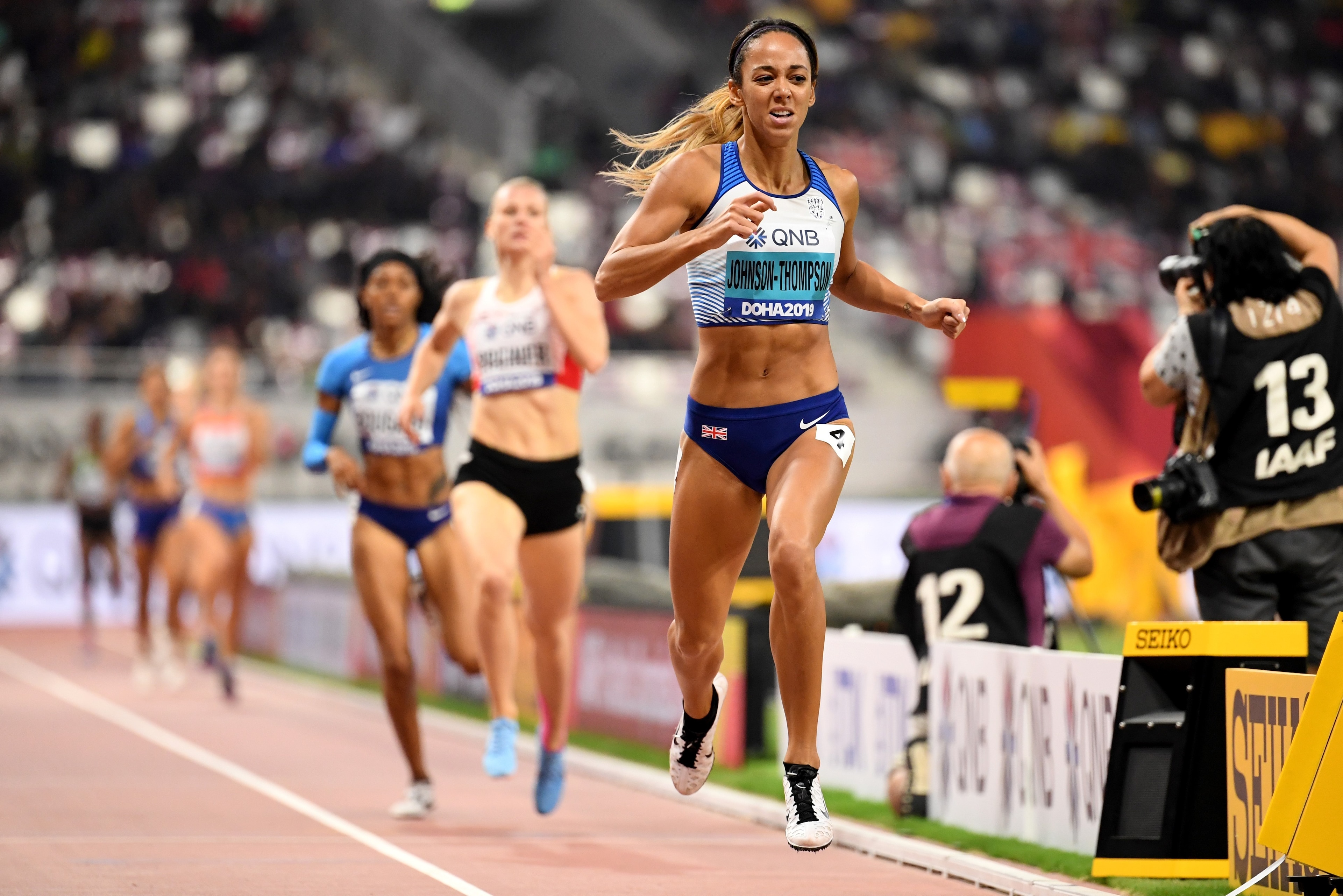 Britain's Katarina Johnson-Thompson wins the Women's 800m Heptathlon final at the 2019 IAAF Athletics World Championships at the Khalifa International stadium in Doha on October 3, 2019. (Photo by Jewel SAMAD / AFP) (Photo by JEWEL SAMAD/AFP via Getty Ima