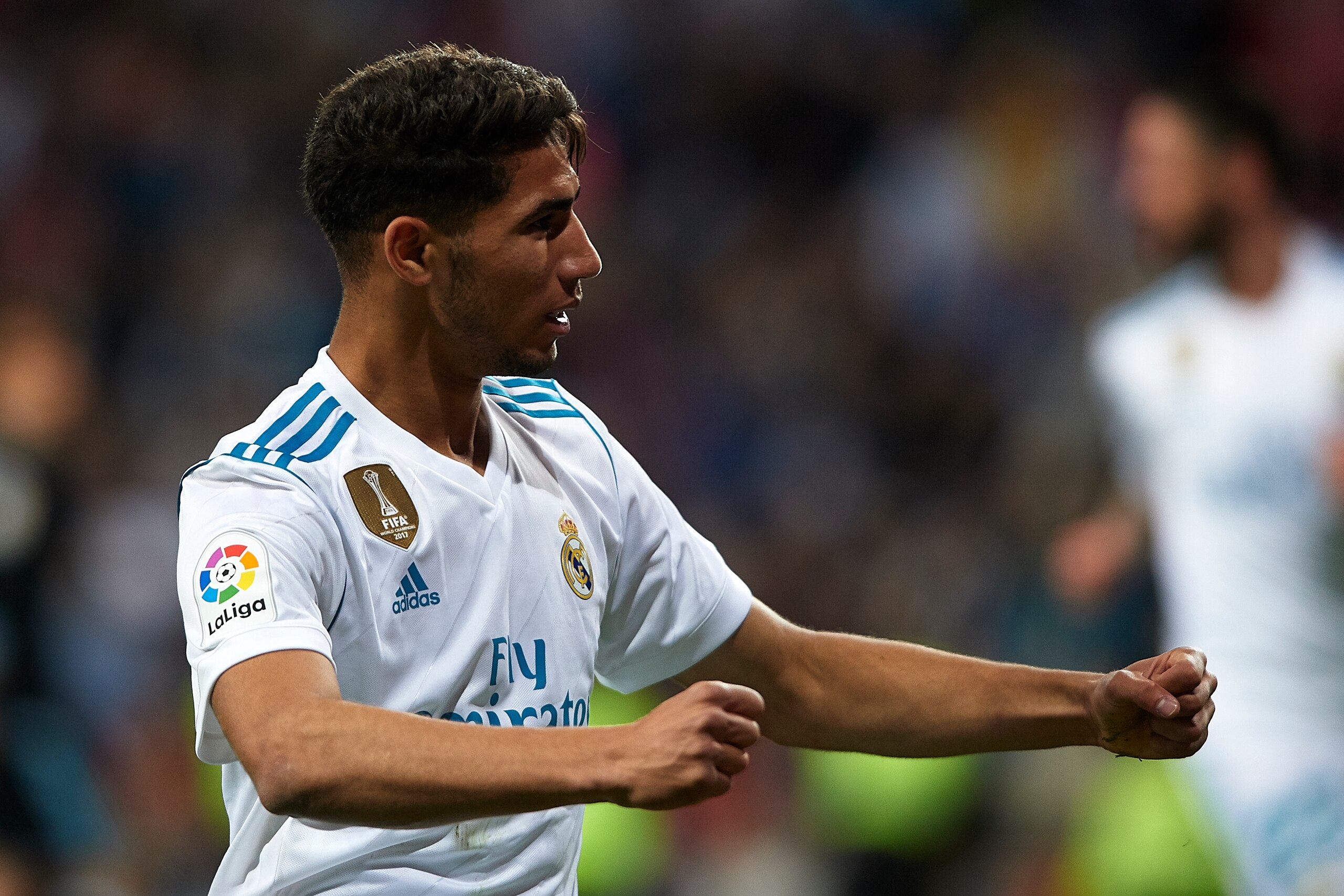 MADRID, SPAIN - MAY 12:  Achraf Hakimi of Real Madrid celebrates scoring his team's fourth goal during the La Liga match between Real Madrid and Celta de Vigo at Estadio Santiago Bernabeu on May 12, 2018 in Madrid, Spain. (Photo by Quality Sport Images/Ge