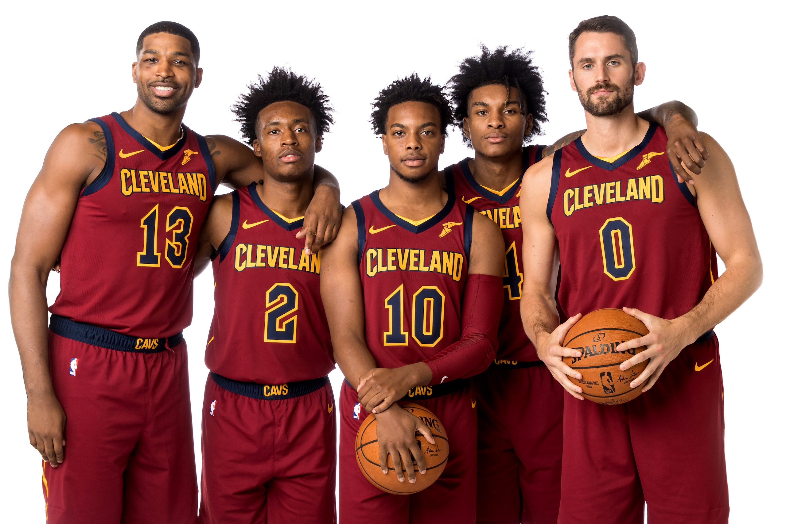 CANTON, MA - SEPTEMBER 30: Tristan Thompson #13, Collin Sexton #2, Darius Garland #10, Kevin Porter Jr. #4 and Kevin Love #10 of the Cleveland Cavaliers poses for a portrait on September 30, 2019 at Cleveland Clinic Courts in Independence, Ohio. NOTE TO U