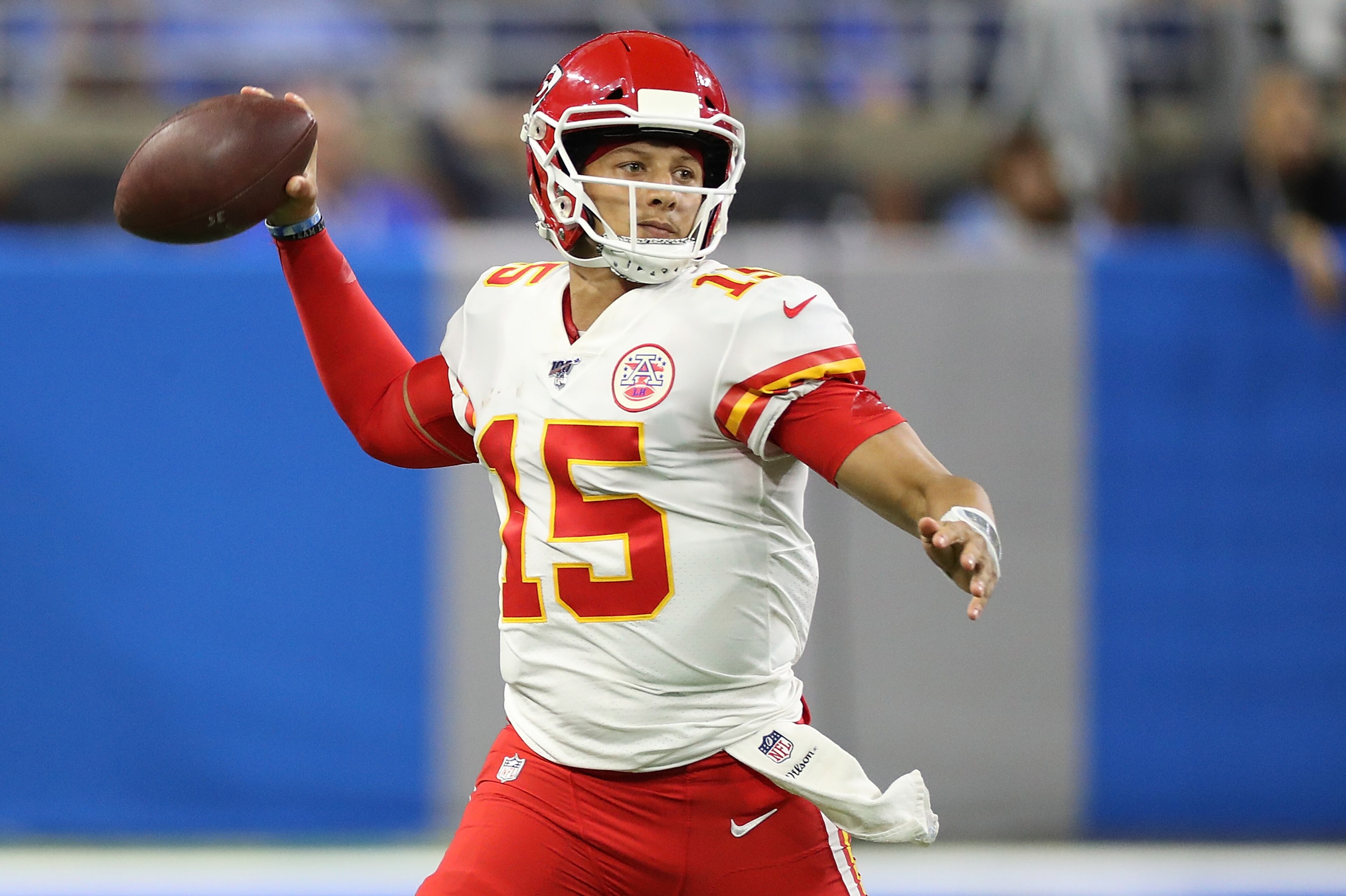 DETROIT, MI - SEPTEMBER 29: Patrick Mahomes #15 of the Kansas City Chiefs passed the ball during the second quarter of the game at Ford Field on September 29, 2019 in Detroit, Michigan. Kansas City defeated Detroit 34-30. (Photo by Leon Halip/Getty Image DETROIT, MI - SEPTEMBER 29: Patrick Mahomes #15 of the Kansas City Chiefs passed the ball during the second quarter of the game at Ford Field on September 29, 2019 in Detroit, Michigan. Kansas City defeated Detroit 34-30. (Photo by Leon Halip/Getty Image