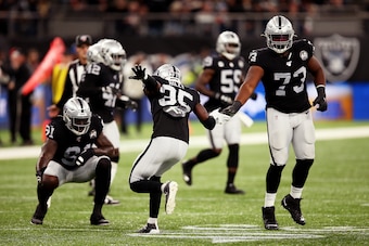 LONDON, ENGLAND - OCTOBER 06: Curtis Riley #35 of the Oakland Raiders celebrates with teammates after making a tackle during the match between the Chicago Bears and Oakland Raiders at Tottenham Hotspur Stadium on October 06, 2019 in London, England. (Phot