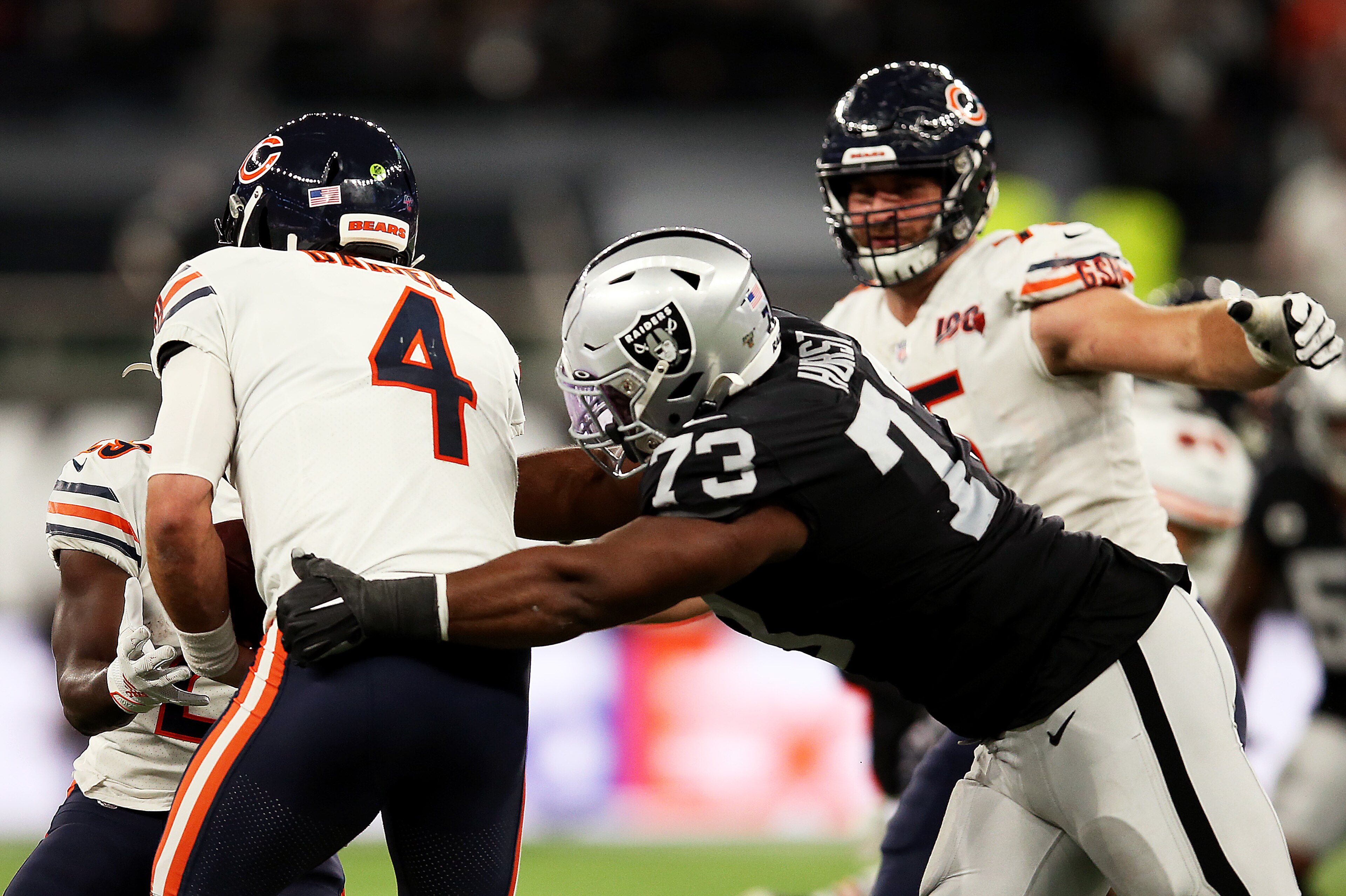 LONDON, ENGLAND - OCTOBER 06: Maurice Hurst #73 of the Oakland Raiders sacks Chase Daniel #4 of the Chicago Bears during the match between the Chicago Bears and Oakland Raiders at Tottenham Hotspur Stadium on October 06, 2019 in London, England. (Photo by