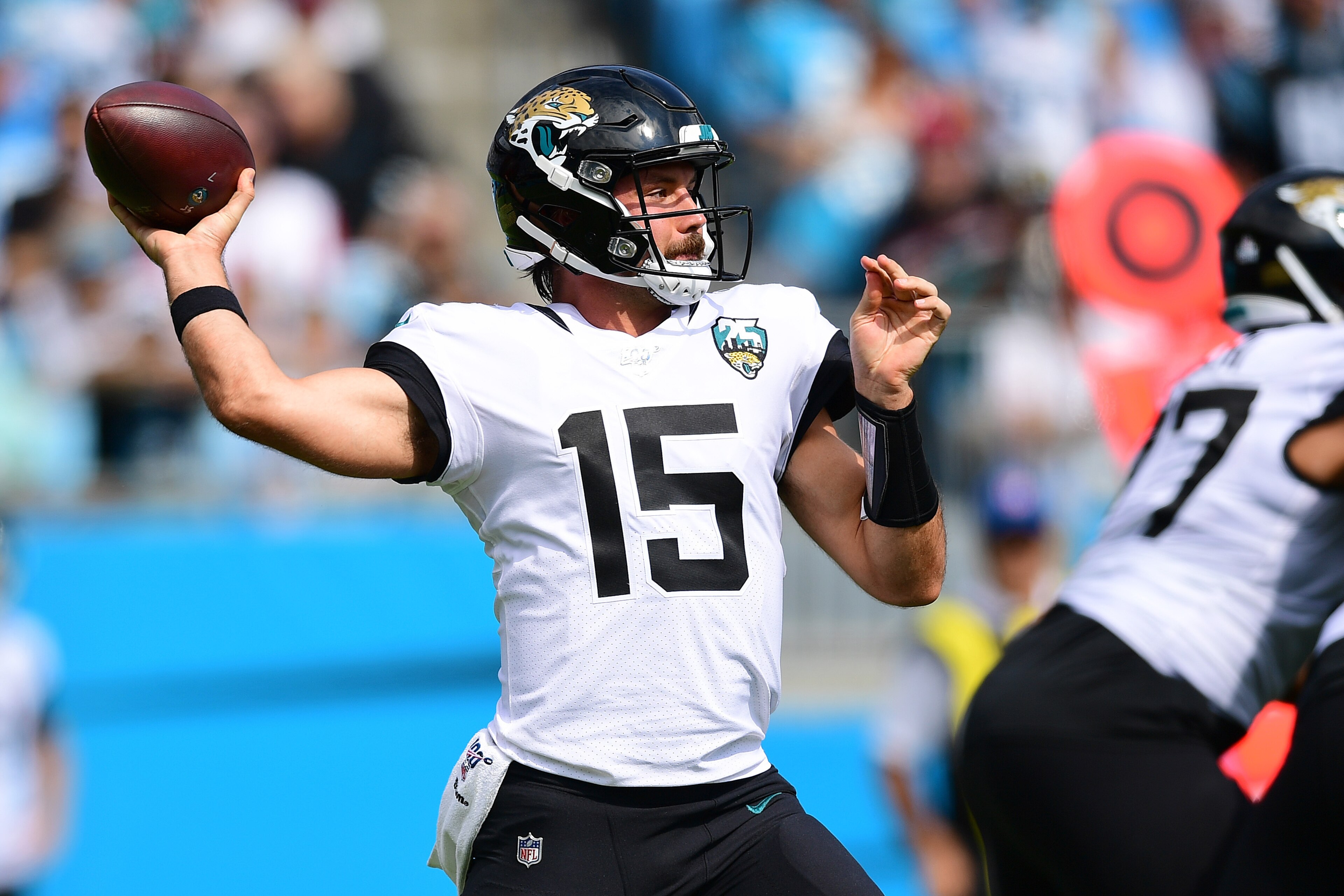 CHARLOTTE, NORTH CAROLINA - OCTOBER 06: Gardner Minshew #15 of the Jacksonville Jaguars throws the ball in the second quarter during their game against the Carolina Panthers at Bank of America Stadium on October 06, 2019 in Charlotte, North Carolina. (Pho
