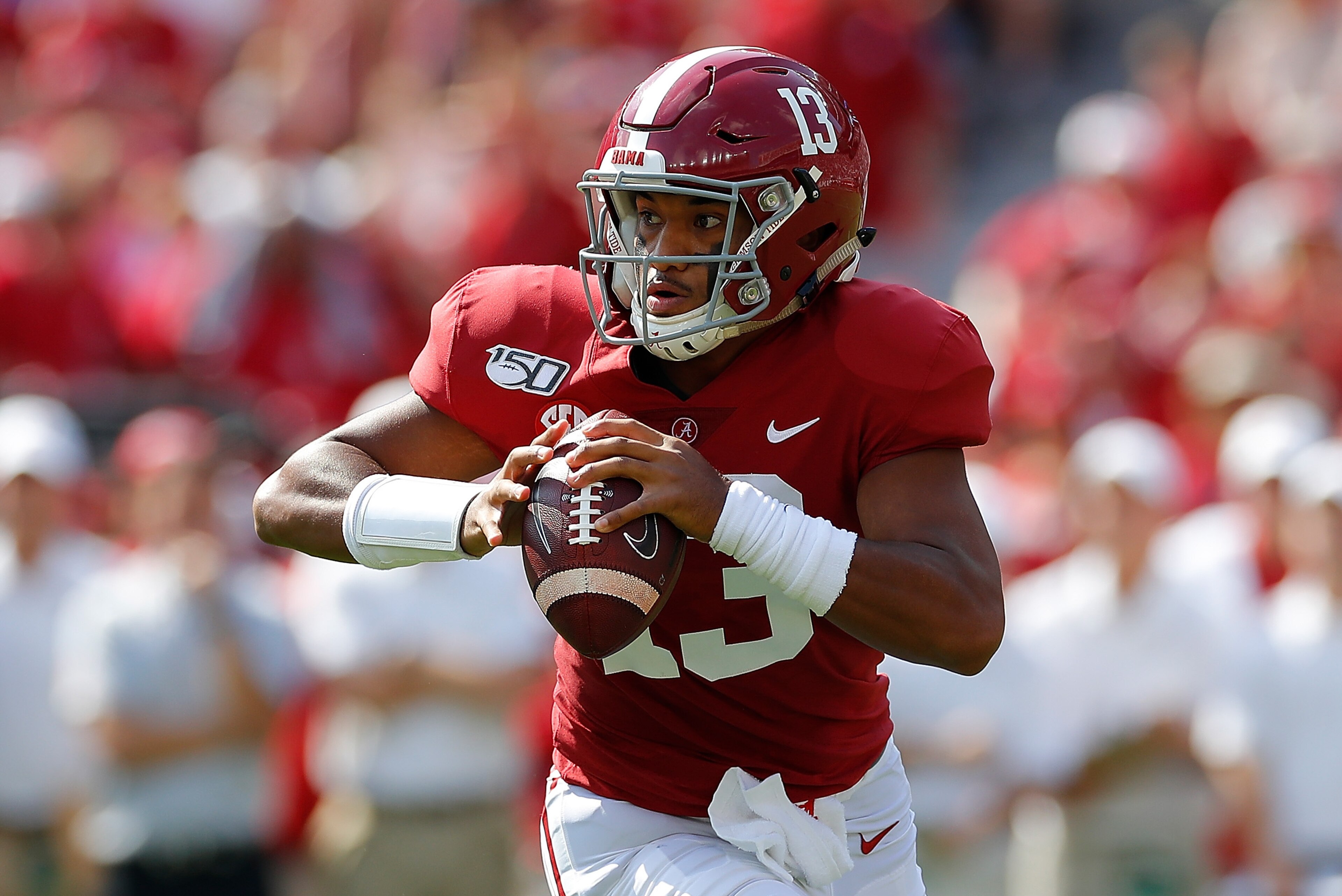 TUSCALOOSA, ALABAMA - SEPTEMBER 28:  Tua Tagovailoa #13 of the Alabama Crimson Tide looks to pass against the Mississippi Rebels at Bryant-Denny Stadium on September 28, 2019 in Tuscaloosa, Alabama. (Photo by Kevin C. Cox/Getty Images)