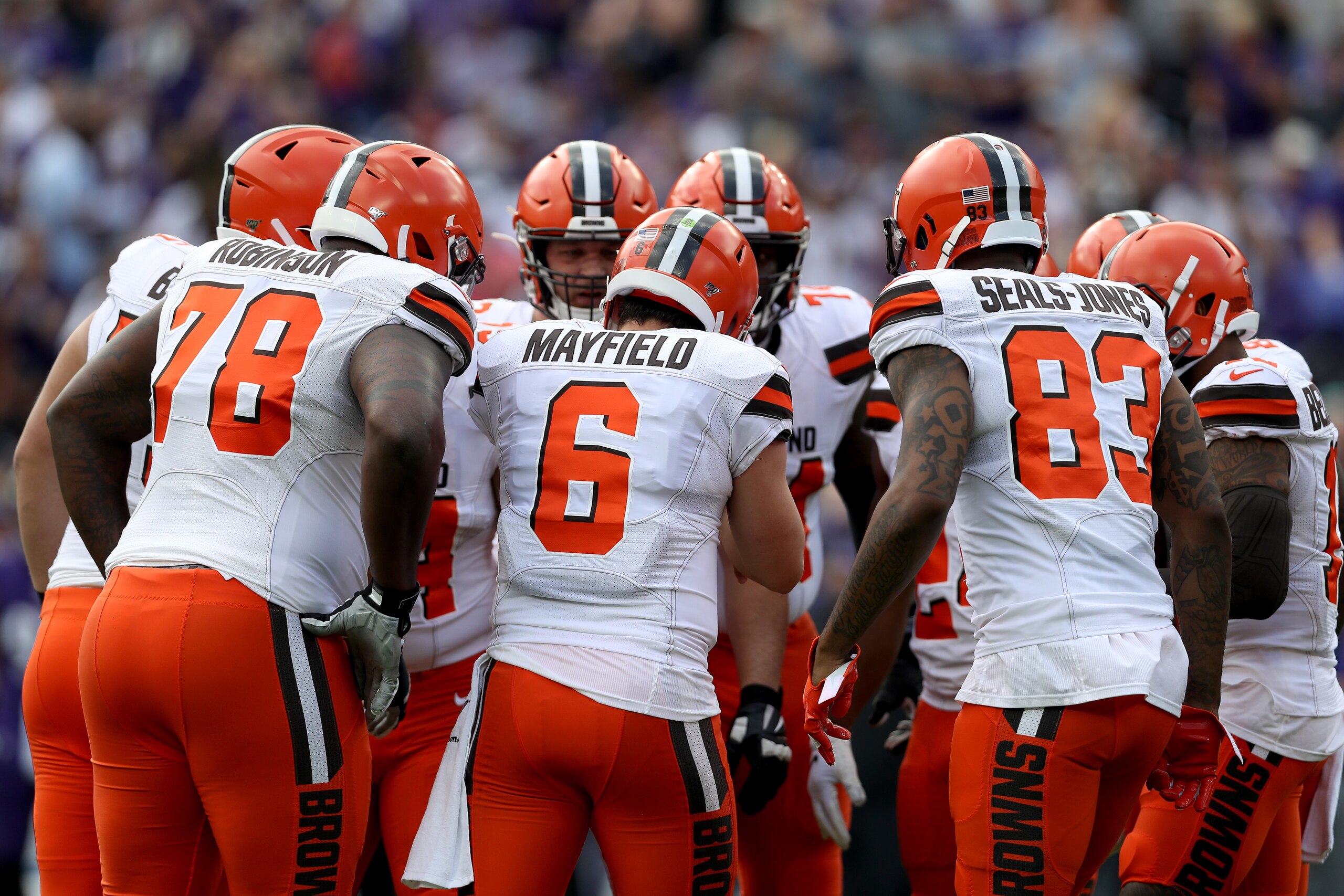 BALTIMORE, MARYLAND - SEPTEMBER 29: Quarterback Baker Mayfield #6 of the Cleveland Browns calls a play in the huddle against the Baltimore Ravens at M&T Bank Stadium on September 29, 2019 in Baltimore, Maryland. (Photo by Rob Carr/Getty Images) BALTIMORE, MARYLAND - SEPTEMBER 29: Quarterback Baker Mayfield #6 of the Cleveland Browns calls a play in the huddle against the Baltimore Ravens at M&T Bank Stadium on September 29, 2019 in Baltimore, Maryland. (Photo by Rob Carr/Getty Images)