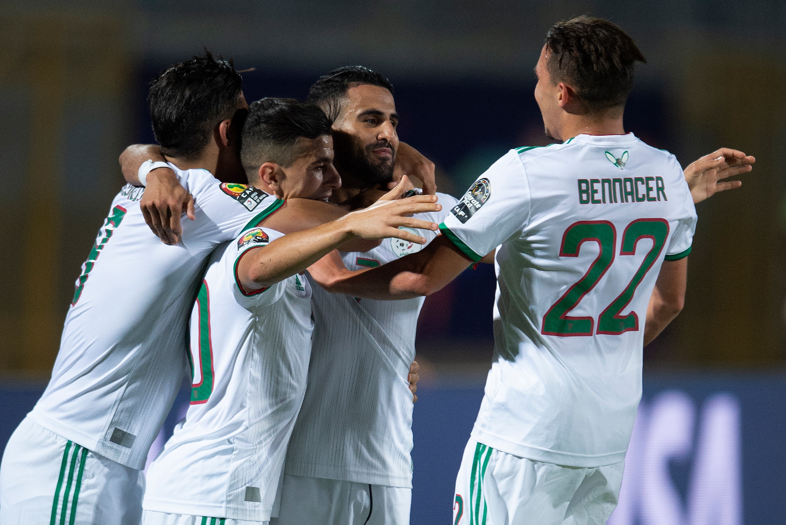 CAIRO, EGYPT - JULY 07:  Riyad Mahrez of Algeria celebrates his goal with Youcef Atal, Baghdad Bounedjah and Ismael Bennacer during the 2019 Africa Cup of Nations Round of 16 match between Algeria and Guinea at 30th June Stadium on July 07, 2019 in Cairo,