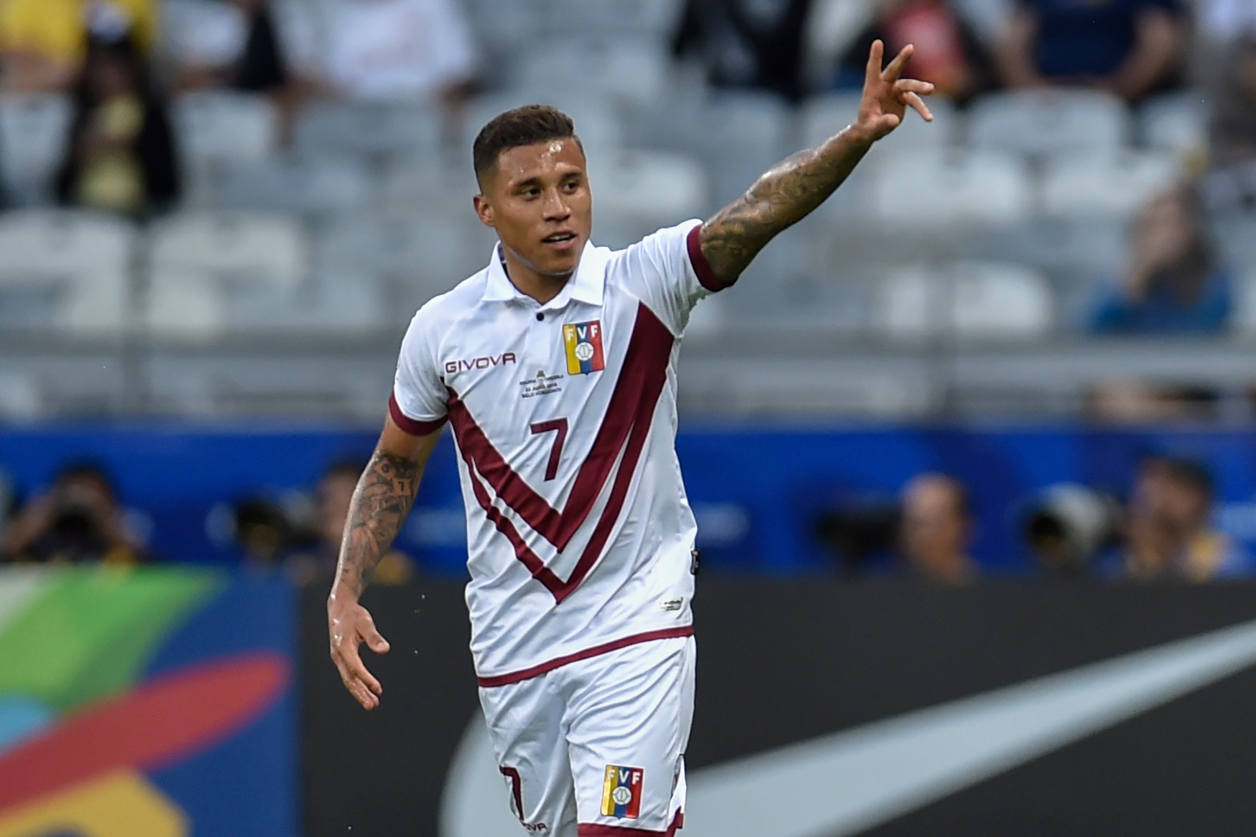 Venezuela's Darwin Machis celebrates after scoring against Bolivia during their Copa America football tournament group match at the Mineirao Stadium in Belo Horizonte, Brazil, on June 22, 2019. (Photo by Douglas Magno / AFP)        (Photo credit should re