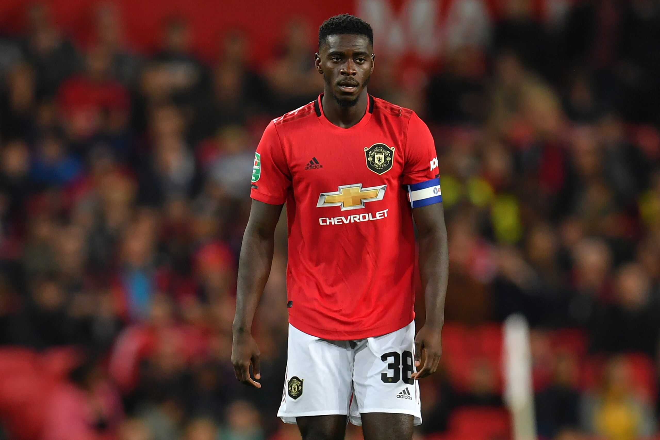 Manchester United's defender Axel Tuanzebe wearing the captain's armband due to having been brought up in Rochdale, during the English League Cup third round football match between Manchester United and Rochdale at Old Trafford in Manchester, north-west E