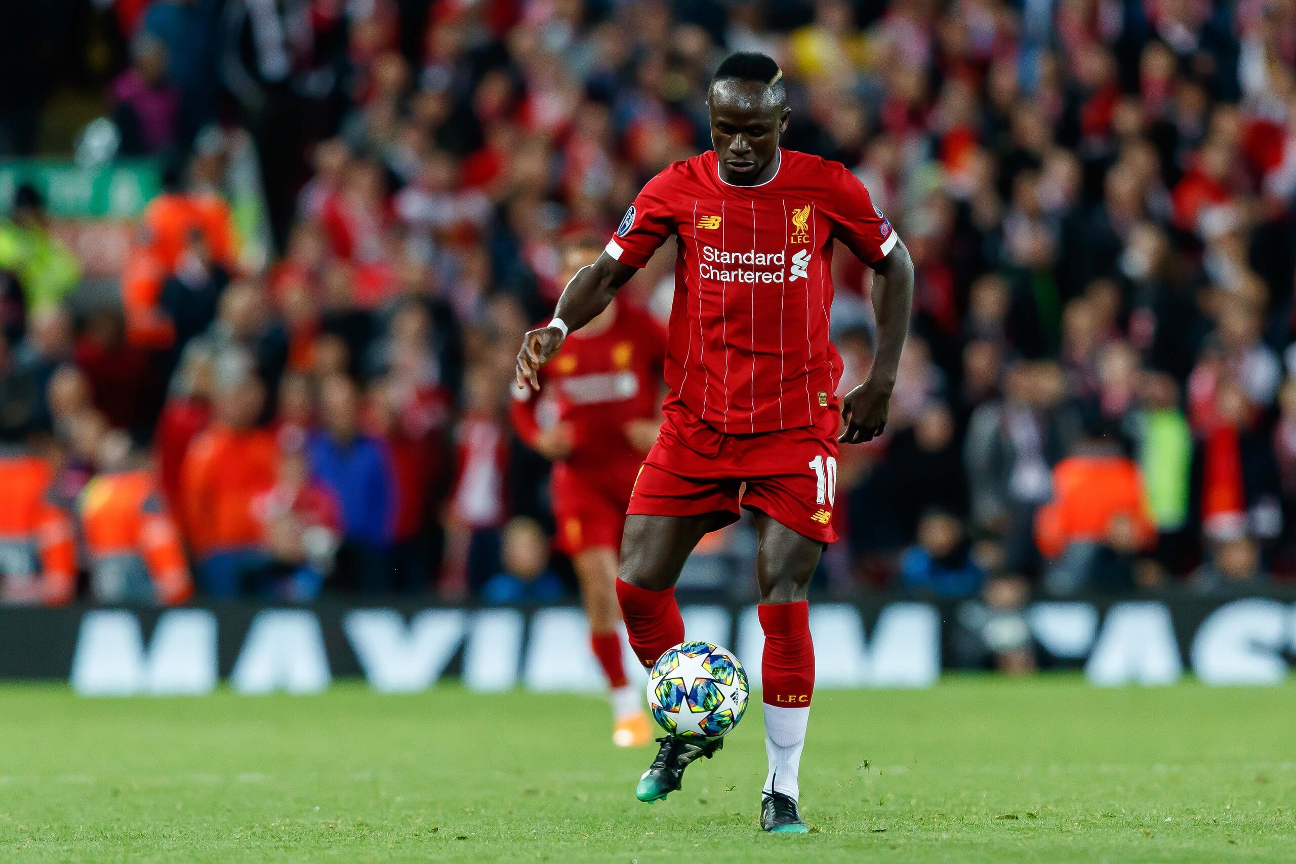 LIVERPOOL, ENGLAND - OCTOBER 02: Sadio Mane of FC Liverpool controls the ball during the UEFA Champions League group E match between Liverpool FC and RB Salzburg at Anfield on October 2, 2019 in Liverpool, United Kingdom. (Photo by TF-Images/Getty Images)