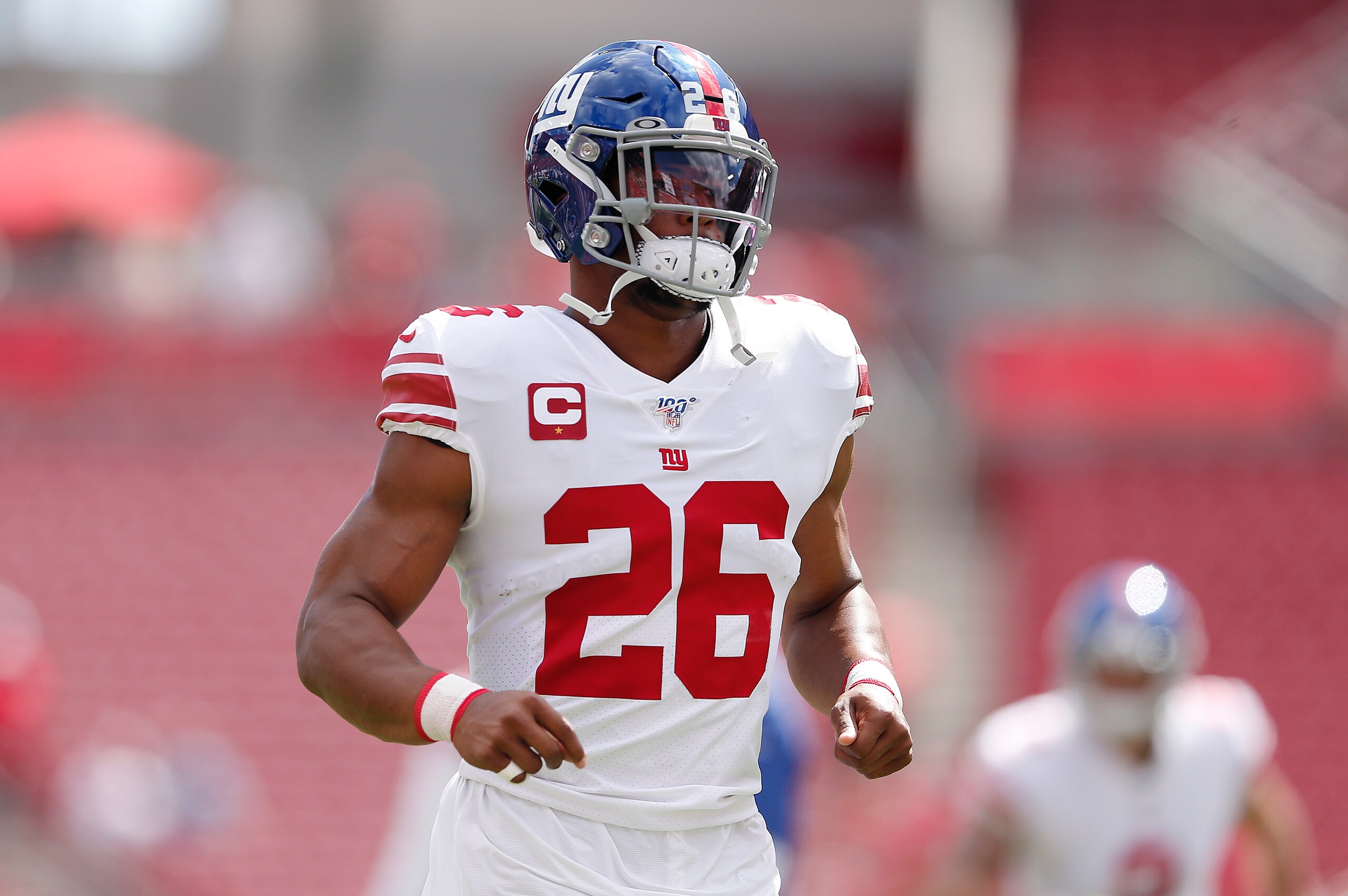 TAMPA, FLORIDA - SEPTEMBER 22:  Saquon Barkley #26 of the New York Giants warms up prior to the game at Raymond James Stadium on September 22, 2019 in Tampa, Florida. (Photo by Michael Reaves/Getty Images)