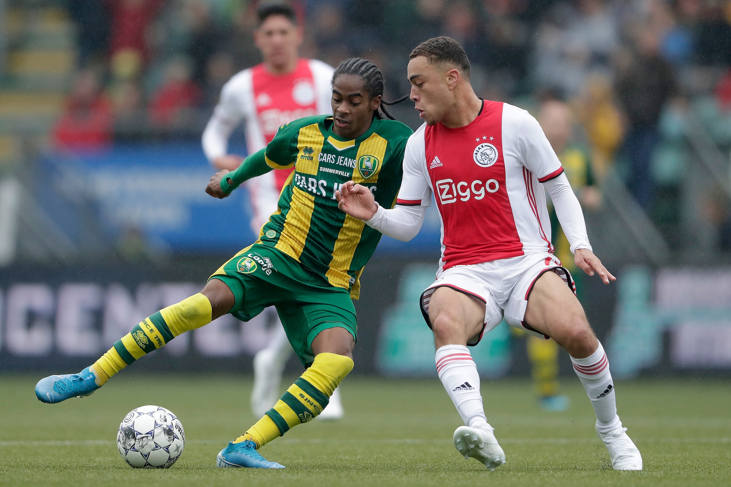 DEN HAAG, NETHERLANDS - OCTOBER 6: (L-R) Crysencio Summerville of ADO Den Haag, Sergino Dest of Ajax during the Dutch Eredivisie match between ADO Den Haag v Ajax at the Cars Jeans Stadium on October 6, 2019 in Den Haag Netherlands (Photo by Laurens Lin DEN HAAG, NETHERLANDS - OCTOBER 6: (L-R) Crysencio Summerville of ADO Den Haag, Sergino Dest of Ajax during the Dutch Eredivisie match between ADO Den Haag v Ajax at the Cars Jeans Stadium on October 6, 2019 in Den Haag Netherlands (Photo by Laurens Lin
