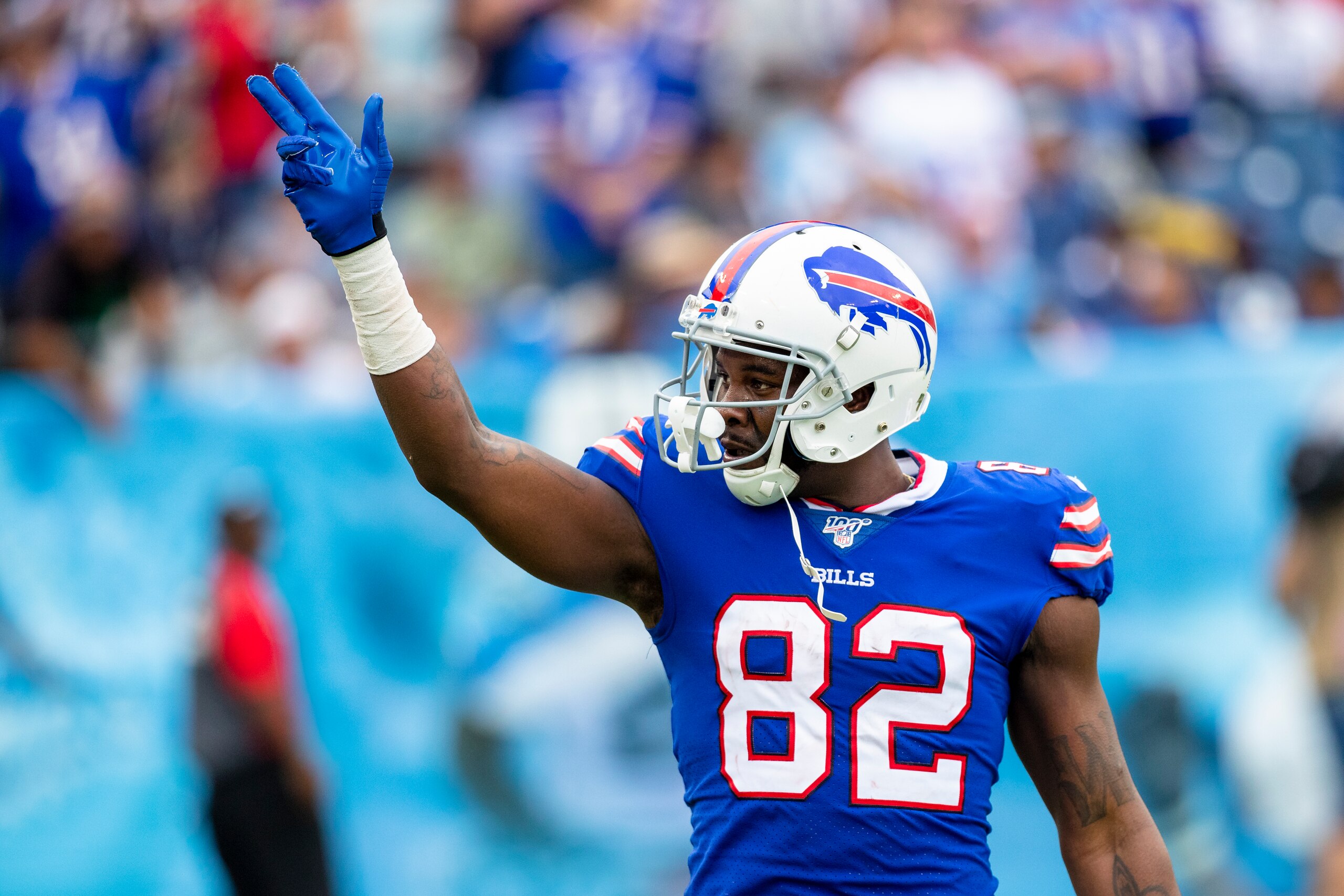 NASHVILLE, TN - OCTOBER 06:  Duke Williams #82 of the Buffalo Bills points to the crowd during the second half against the Tennessee Titans at Nissan Stadium on October 6, 2019 in Nashville, Tennessee. Buffalo defeats Tennessee 14-7.  (Photo by Brett Carl