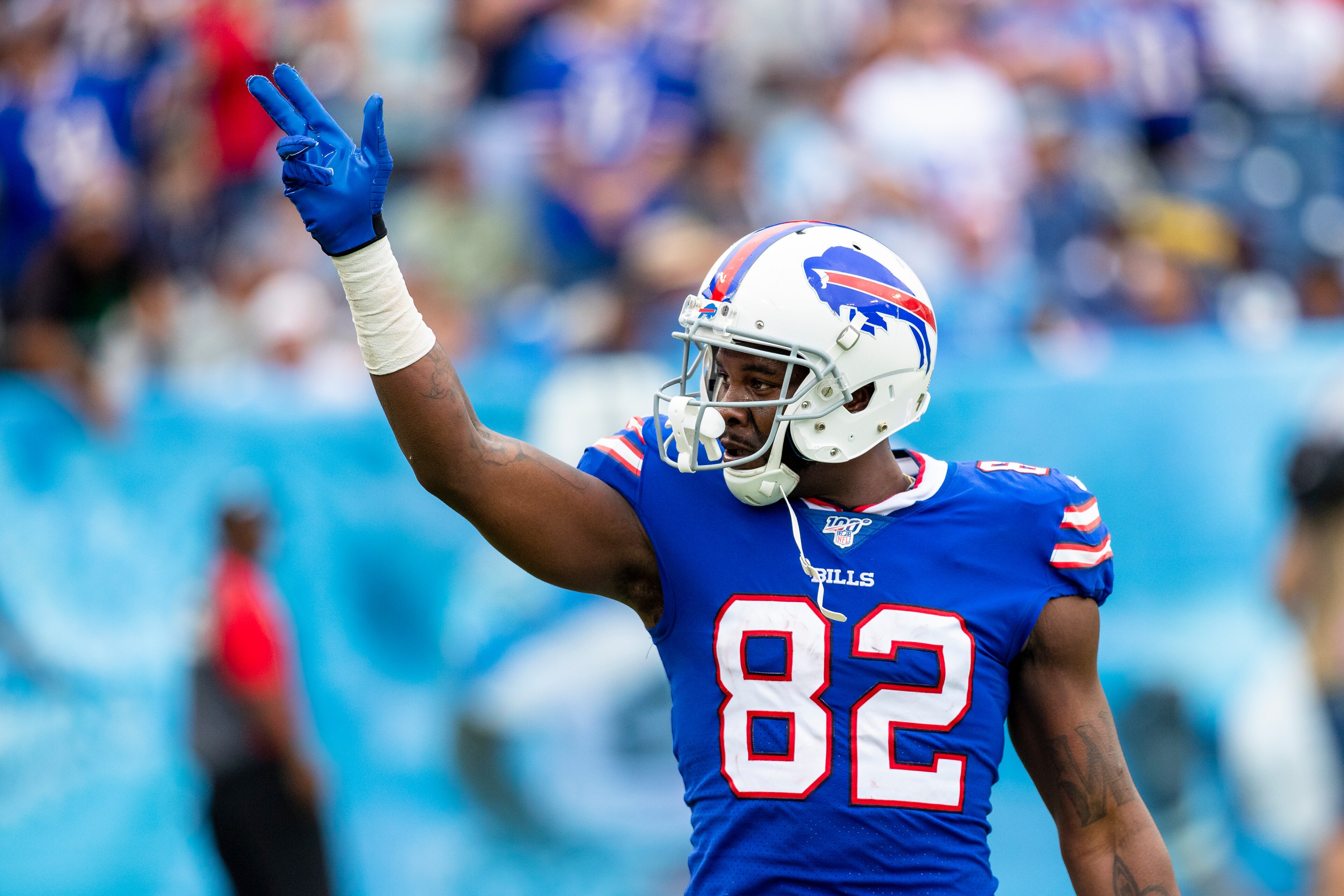 NASHVILLE, TN - OCTOBER 06:  Duke Williams #82 of the Buffalo Bills points to the crowd during the second half against the Tennessee Titans at Nissan Stadium on October 6, 2019 in Nashville, Tennessee. Buffalo defeats Tennessee 14-7.  (Photo by Brett Carl