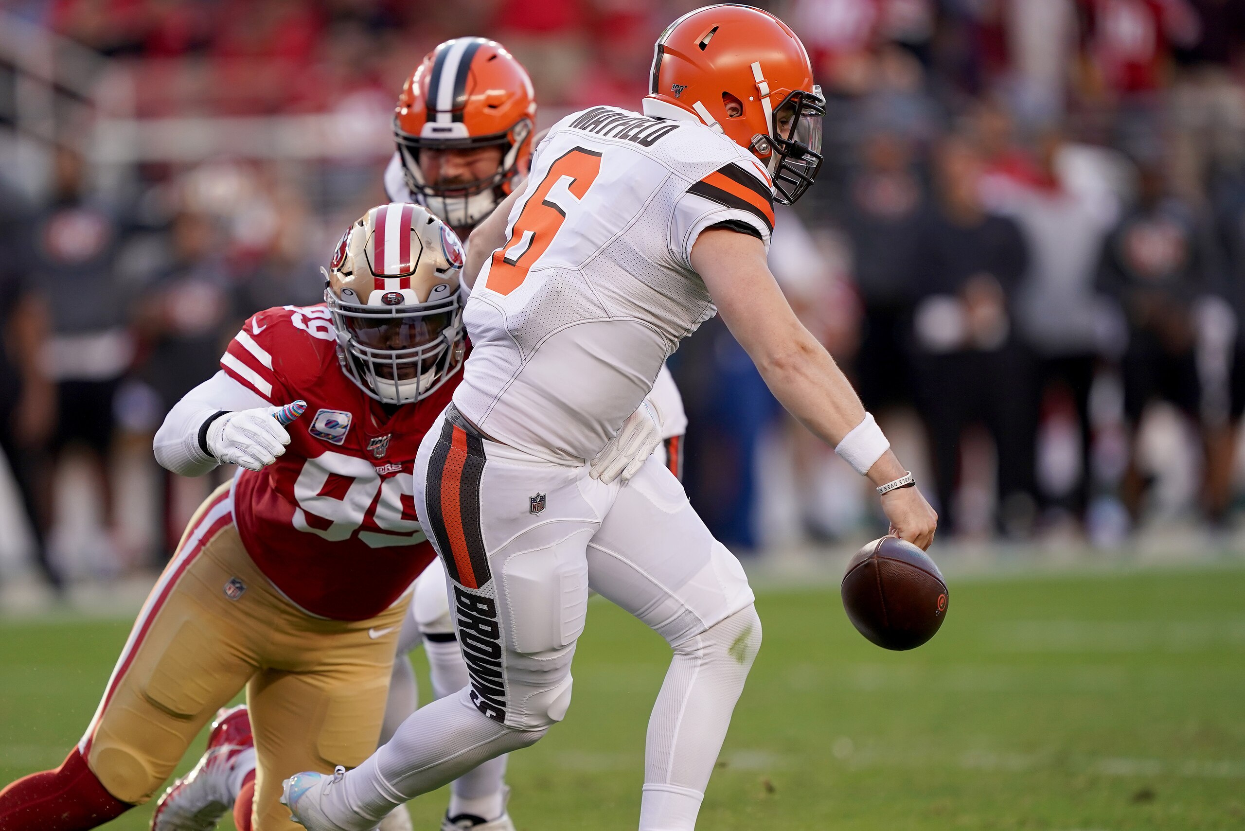 SANTA CLARA, CALIFORNIA - OCTOBER 07: Baker Mayfield #6 of the Cleveland Browns fumbles the ball against the San Francisco 49ers during the first quarter of an NFL football game at Levi's Stadium on October 07, 2019 in Santa Clara, California. (Photo by T