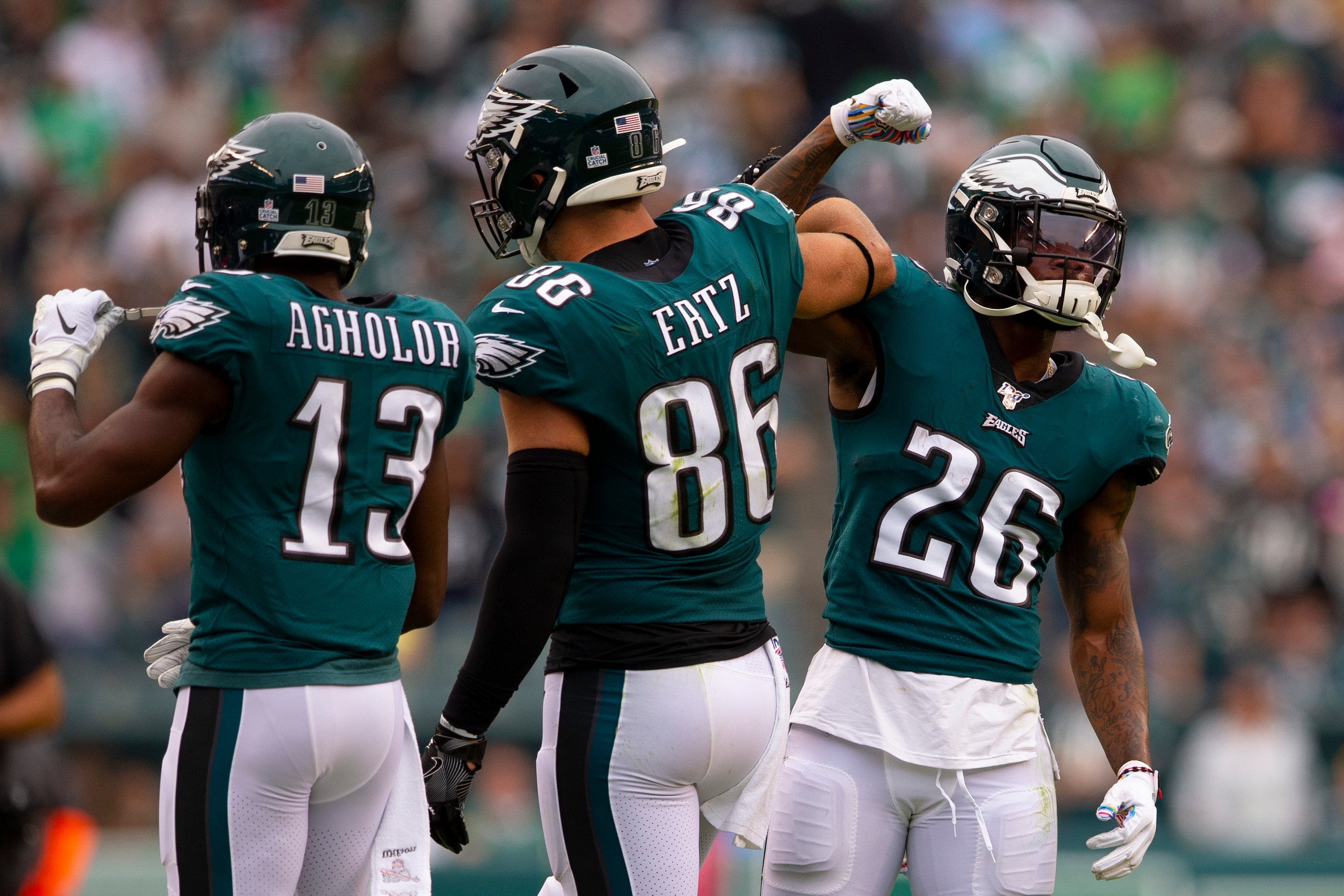 PHILADELPHIA, PA - OCTOBER 06: Nelson Agholor #13, Zach Ertz #86, and Miles Sanders #26 react against the New York Jets at Lincoln Financial Field on October 6, 2019 in Philadelphia, Pennsylvania. (Photo by Mitchell Leff/Getty Images)